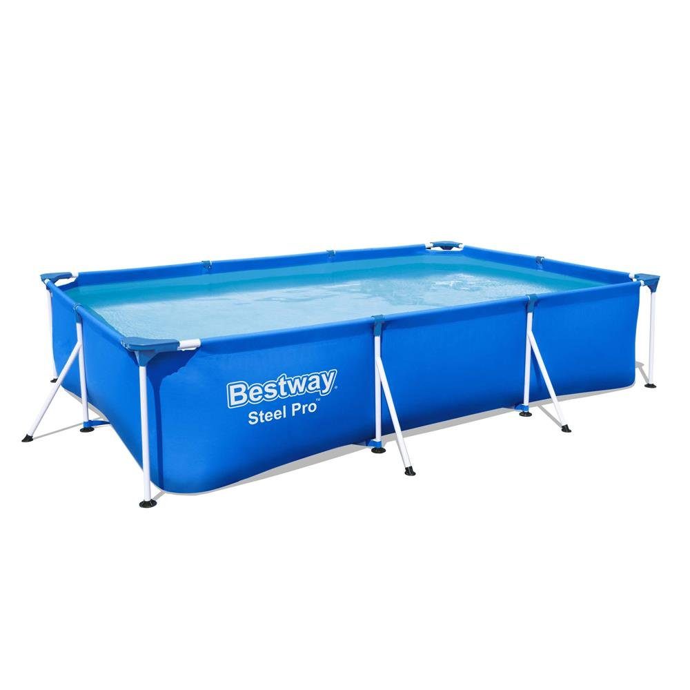 Bestway Rechteckpool Steel Pro Frame Pool, 300 x 201 x 66 cm, Blau, Stahlrahmenpool, Aufstellpool
