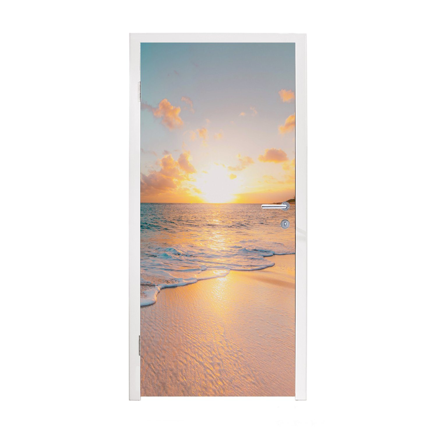 MuchoWow 75x205 Sommer St), Türtapete Türaufkleber, Sonnenuntergang - cm Meer bedruckt, für - Matt, - Tür, Strand Fototapete - Blau, (1