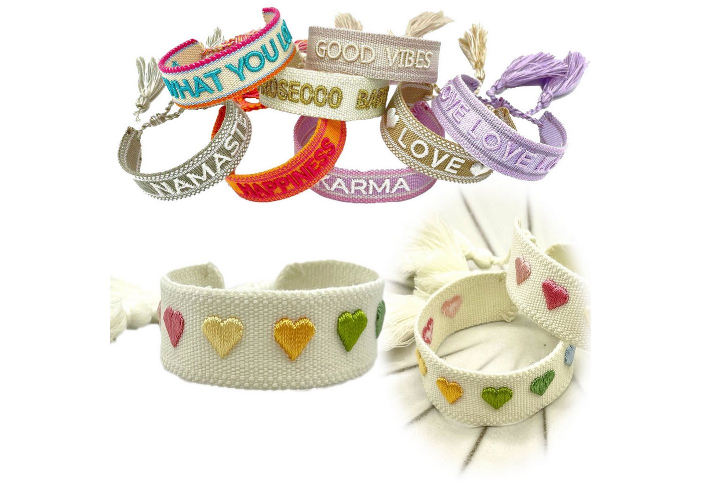 LS-LebenStil Armband Canvas Statement Armband Herzen Multi Colour Bunt Quasten bestickt (Baumwollarmband Webarmband Armbandliebe Freundschaftsarmband Freundschaftsband Partnerarmband, 1-tlg., textil geflochten gewebt - hochwertiger gestickter Spruch), perfekt als Serviettenring – personalisiert auch für Hochzeiten usw