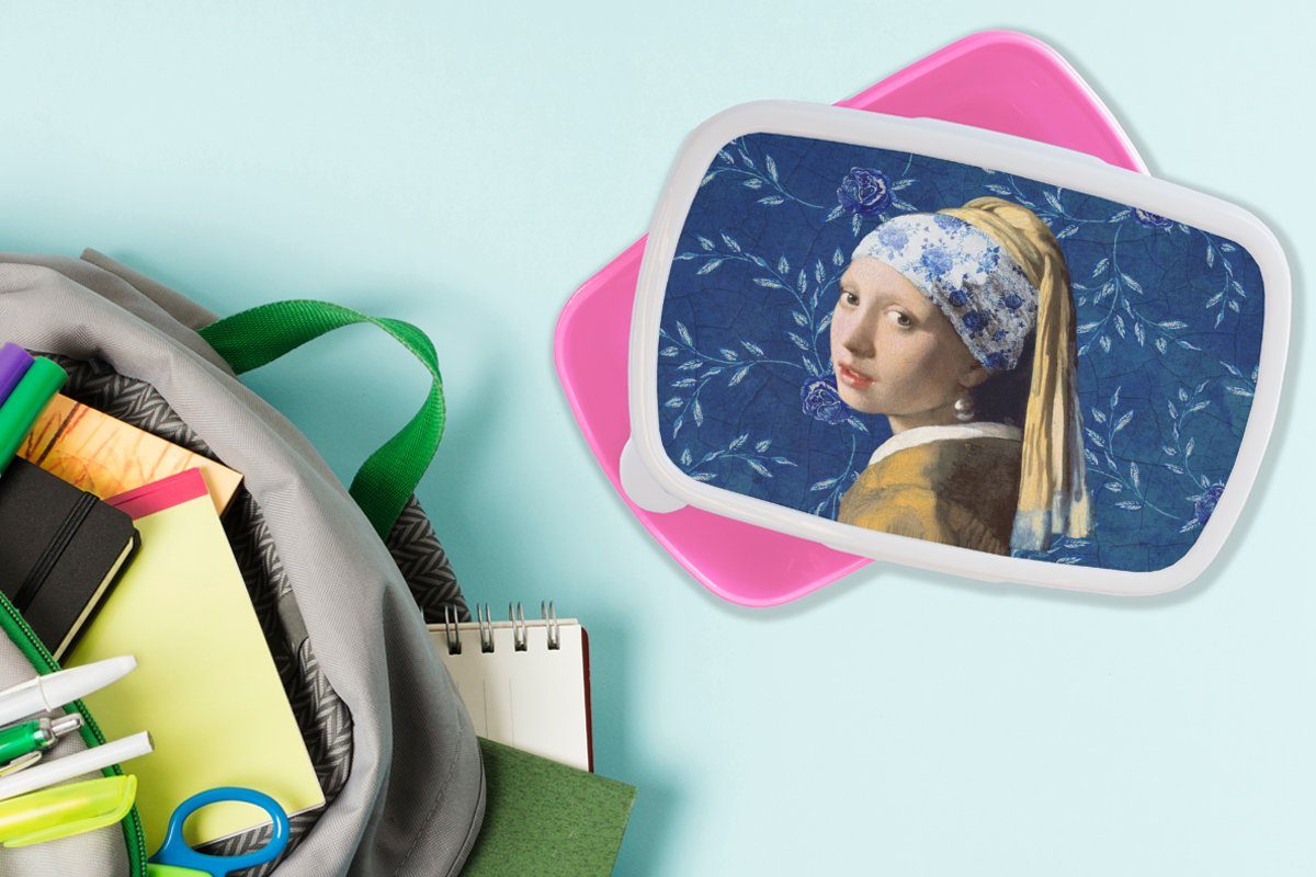 Mädchen - Mädchen, Snackbox, Blumen für Blau - Vermeer (2-tlg), Lunchbox Kinder, Gemälde, Kunststoff, - rosa Kunststoff mit Perlenohrring Delfter - MuchoWow Brotbox Erwachsene, Brotdose