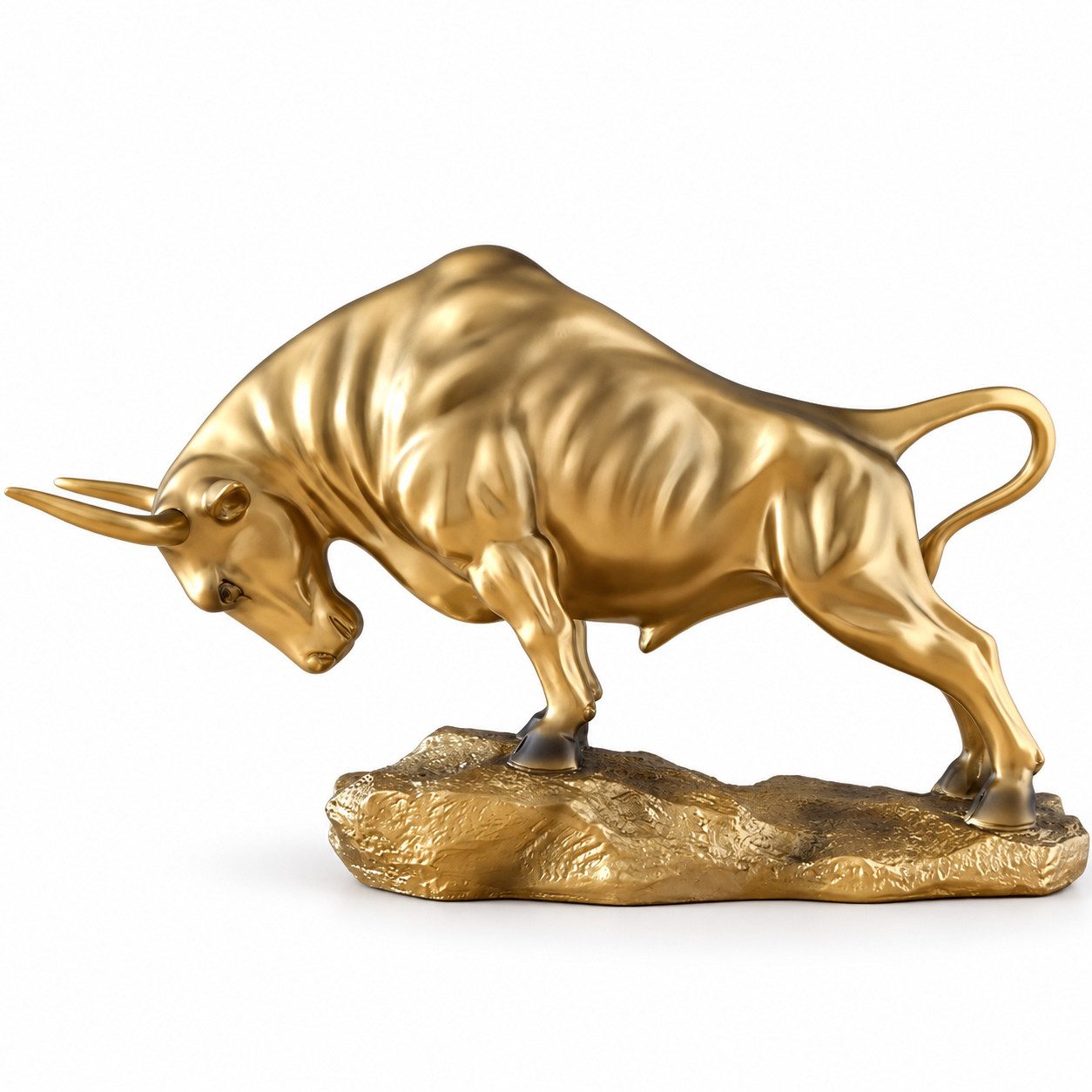 Norvéa Home Dekofigur Dekofigur Stier in Goldoptik – 37 cm, Skulptur für Wohnzimmer und Büro (Komplett-Set), Goldfarbene Stierfigur in dynamischer Pose mit strukturiertem Sockel