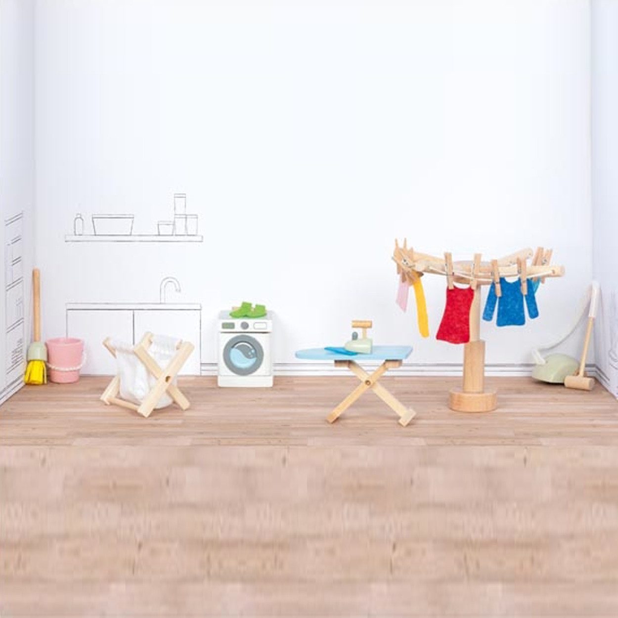 goki Puppenhausmöbel Accessoires Waschküche (packung, 29tlg., spar set), Puppenstubenwelt mit Details erweitern