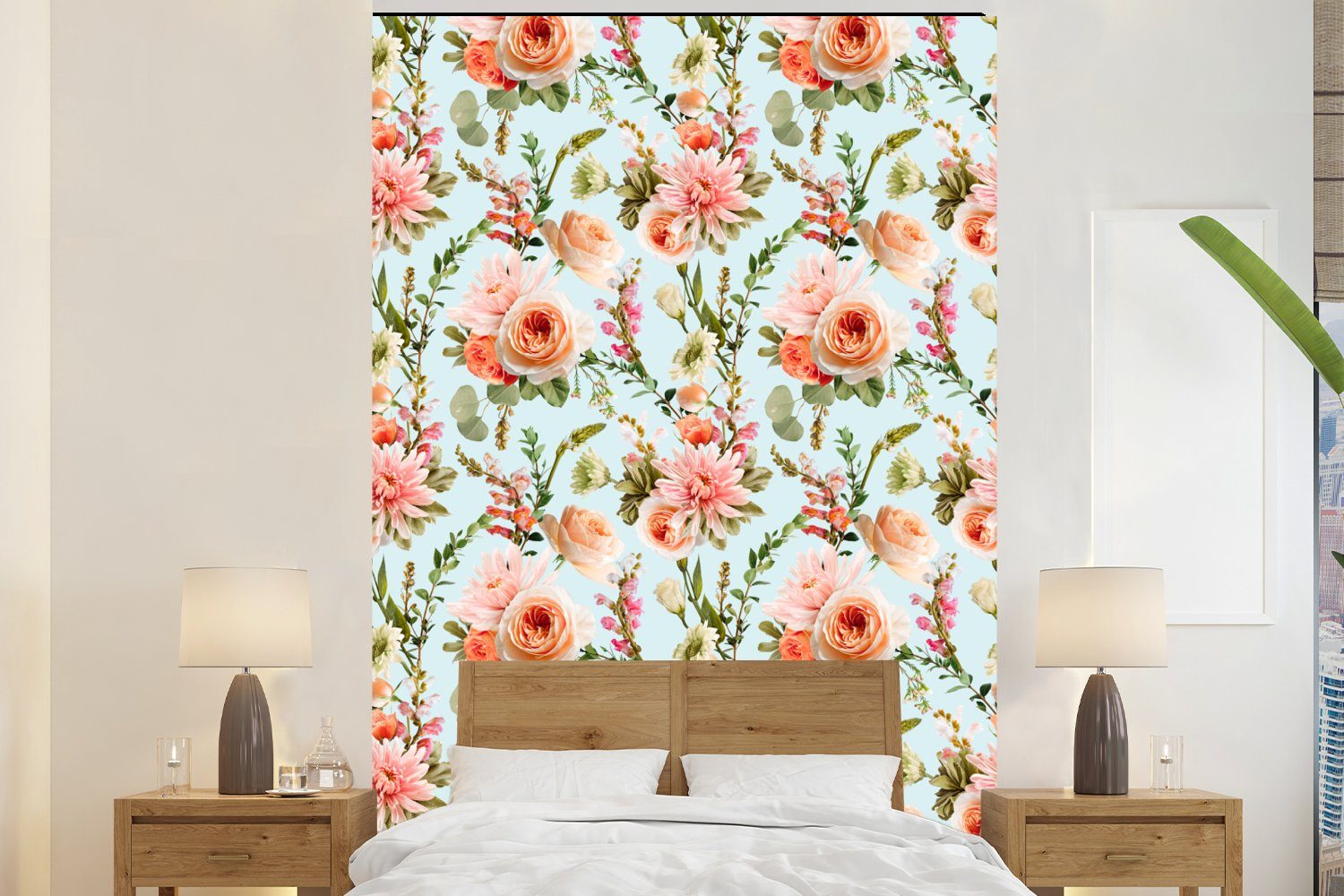 Wohnzimmer, Blumen - - für bedruckt, Fototapete Rosen Tapete Wandtapete MuchoWow (3 St), Montagefertig - Rosa Matt, Vinyl Pastell,