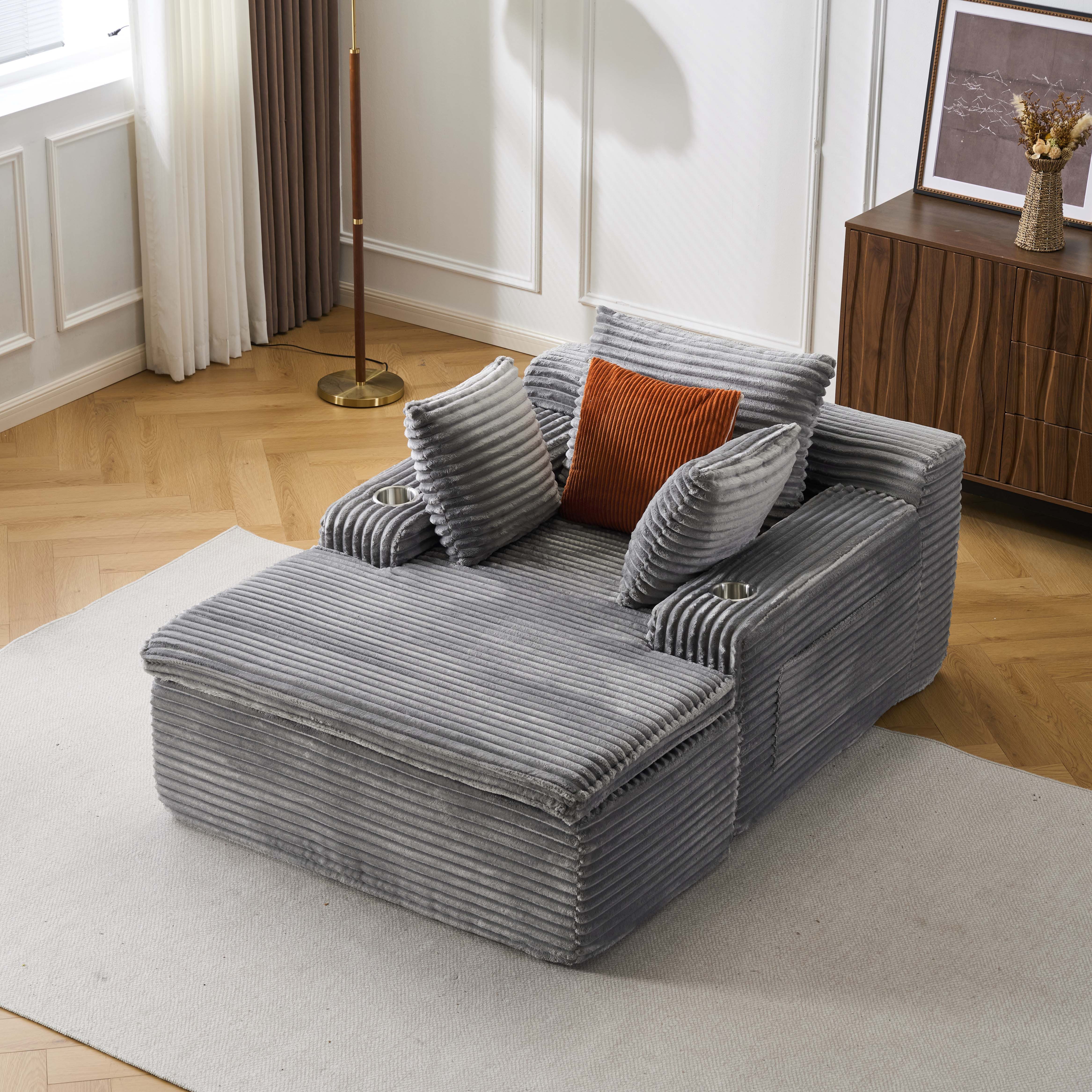 Vankel Sofa Sofas Wohnzimmer Schlafsofa Couch klein Cord Relaxsessel, Werkzeuglos, weich gepolstert mit Decken-Kissen & Getränkehaltern