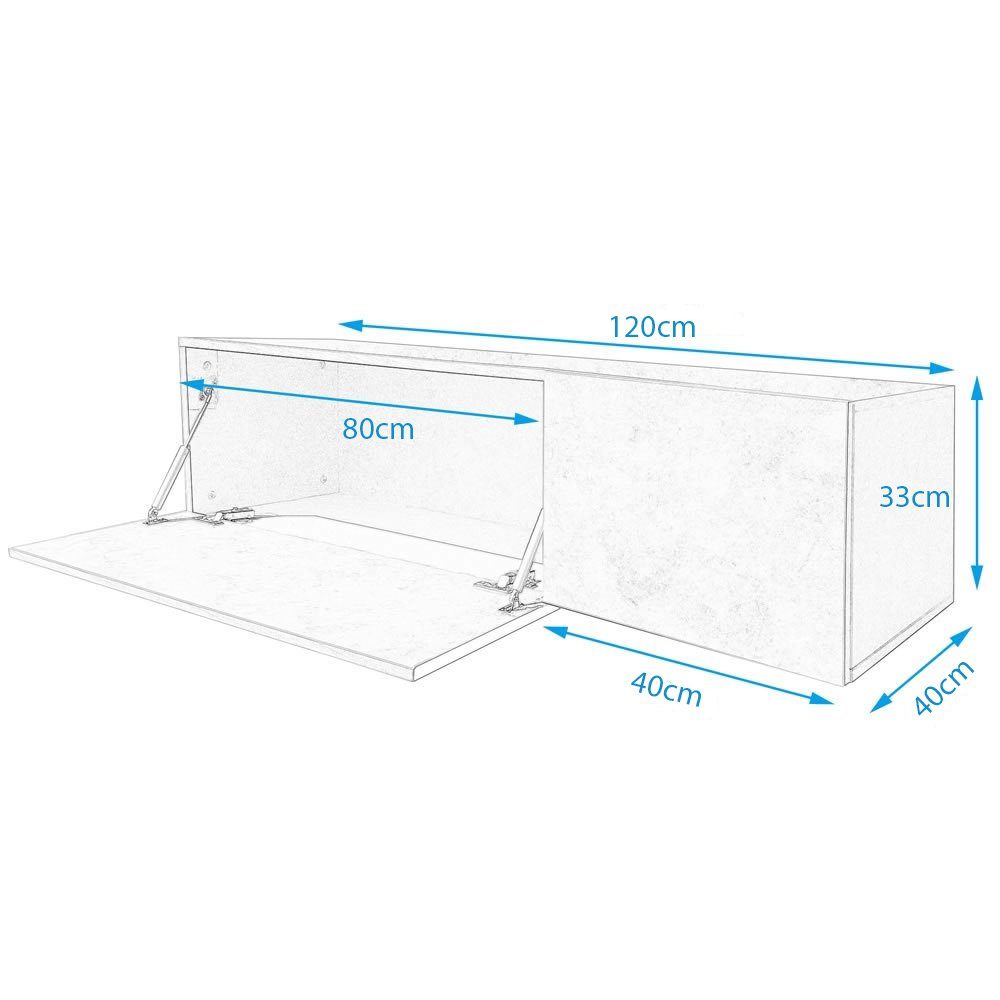 Wandboard Mucola TV, Grau Schrank Griffloses Lowboard cm 1-tlg., Öffnen Wandboard Beton 120 Wandschrank Fernsehschrank Stück