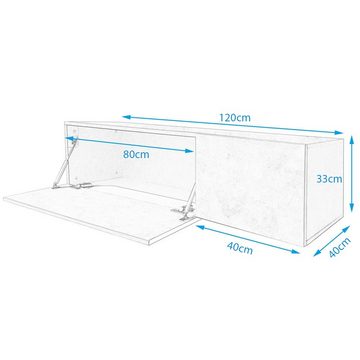 Mucola Wandboard Lowboard Schrank Fernsehschrank Wandschrank Wandboard Beton 120 cm TV, Stück 1-tlg., Griffloses Öffnen