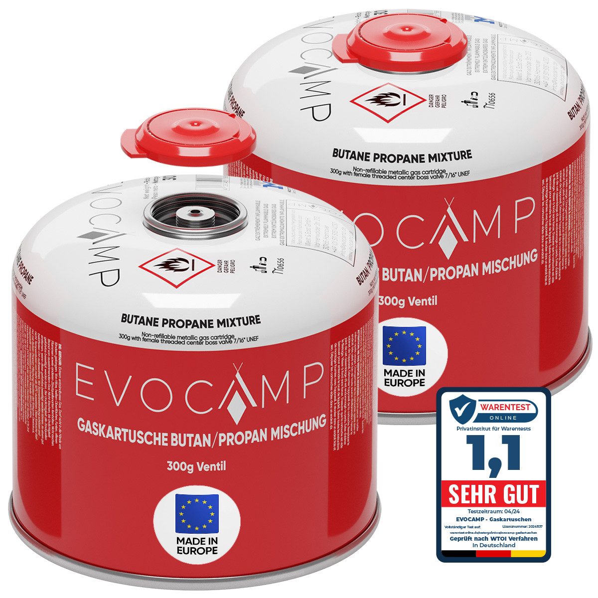 EVOCAMP Gaskartusche Butan Propan 300g, Schraubventil passend für Weber Q100/1200, Zubehör für Campingkocher, Gaskocher, Bunsenbrenner, Lötbrenner, Gasgrill, Gaslampe, 2 St., Einweg, 300 g, EN 417, Sicherheitsventil