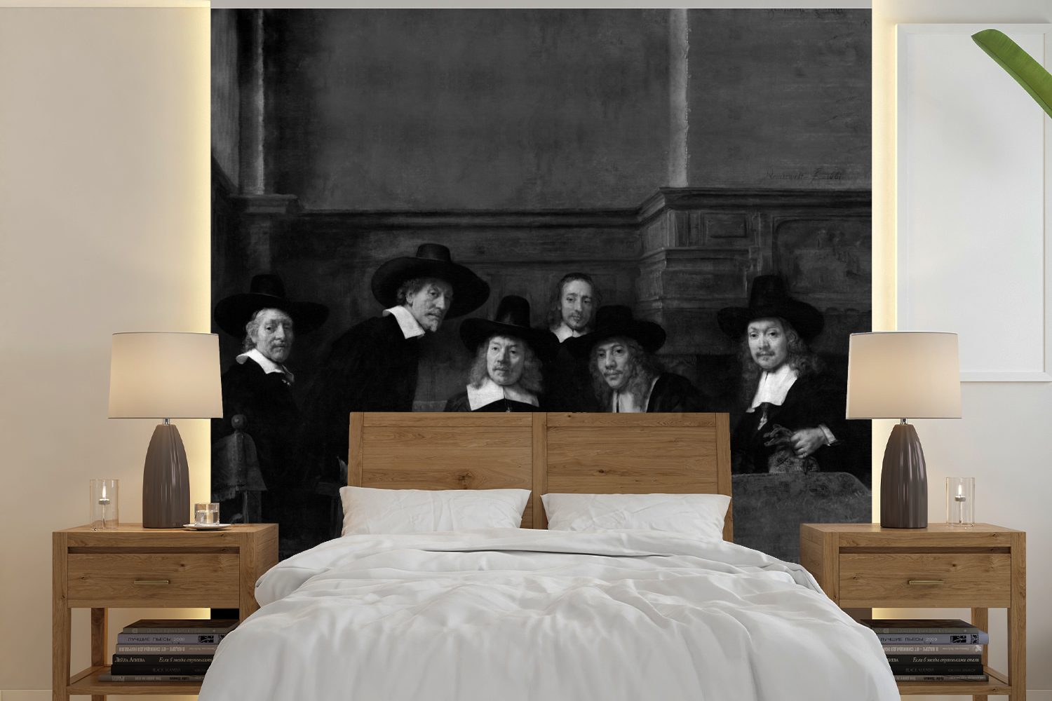 MuchoWow Fototapete Die Stahlmeister - Gemälde von Rembrandt van Rijn - schwarz-weiß, Matt, bedruckt, (5 St), Vinyl Tapete für Wohnzimmer oder Schlafzimmer, Wandtapete