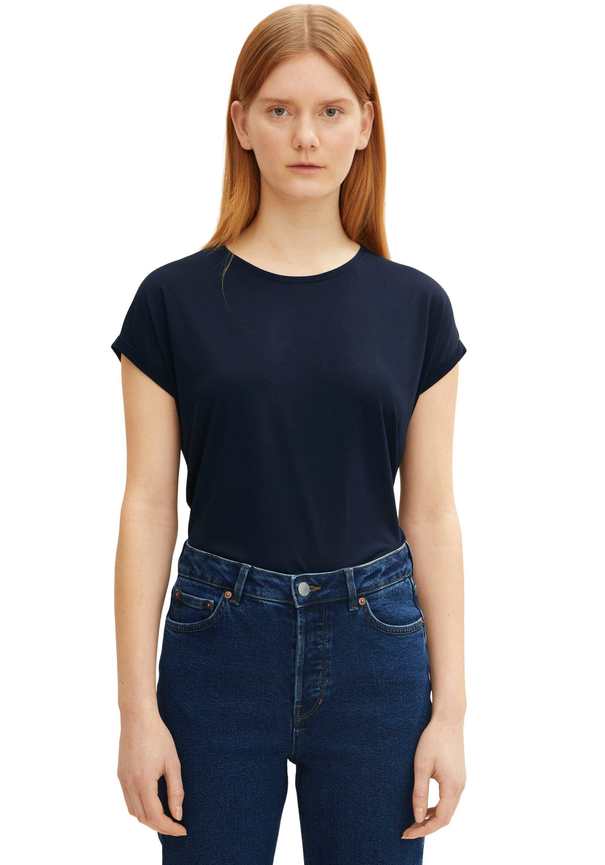 TOM TAILOR Denim Rundhalsshirt Ärmelaufschlag navy mit