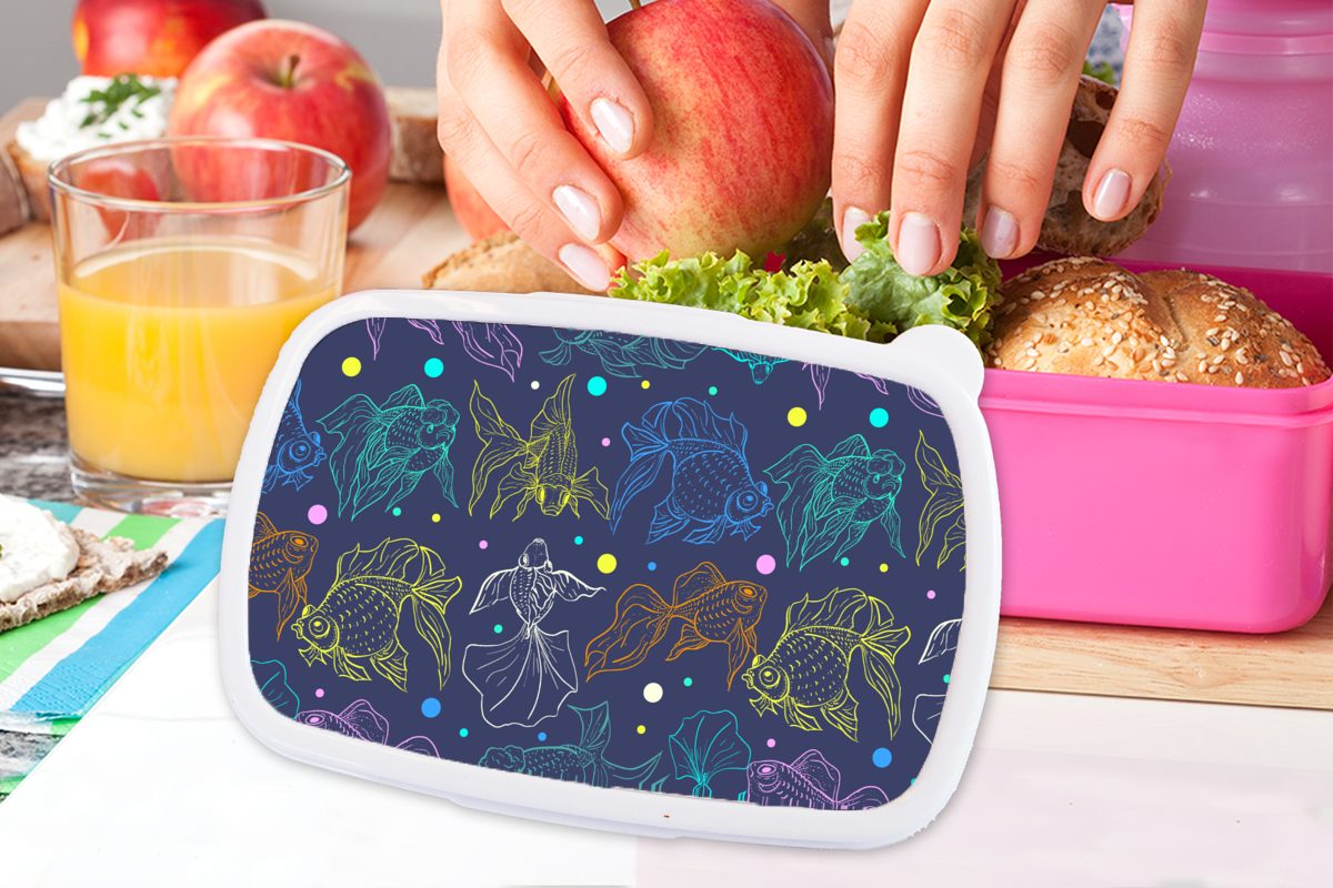 MuchoWow Lunchbox Brotdose Kunststoff, (2-tlg), Neon Brotbox für Kunststoff Mädchen, Kinder, Snackbox, Pastell - Erwachsene, rosa Fisch Muster, - 