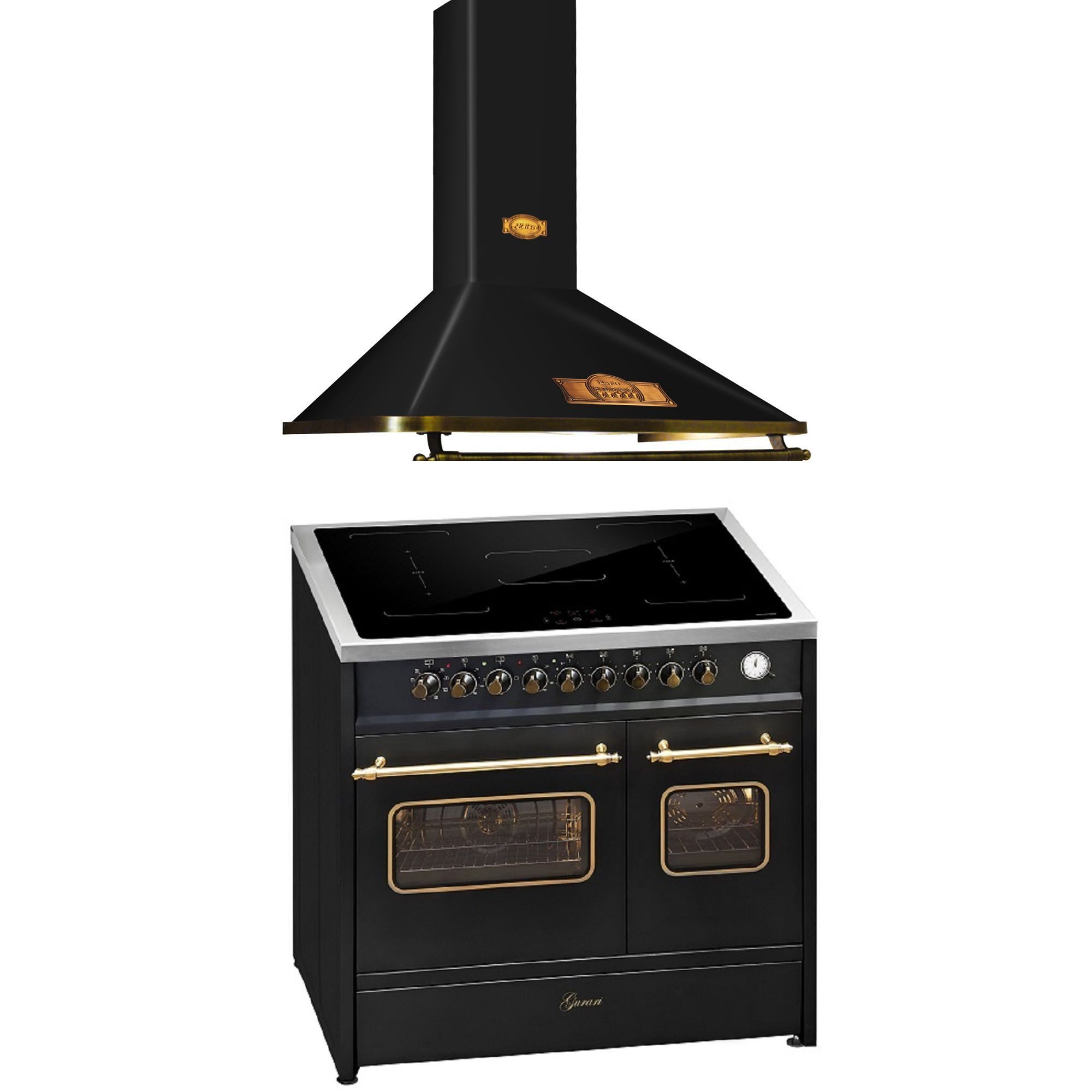 GURARI Induktions-Standherd Retro Elektro Standherd 90 cm, Range Coocker mit FLEX Induktion+Retro Dunstabzugshaube 90 cm E 913 DF RU BL+A 9315 Em ECO.., mit 1-fach-Teleskopauszug