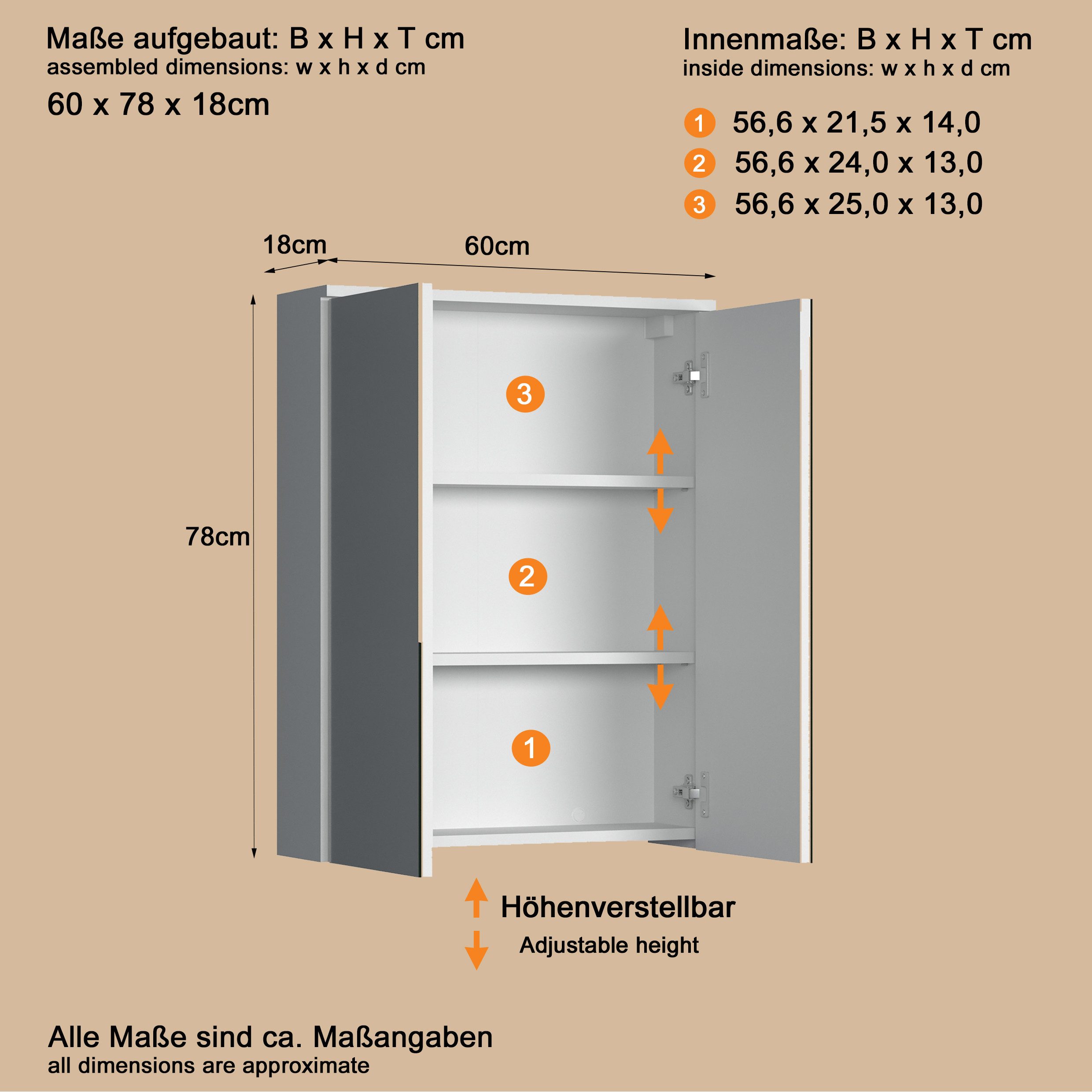 welltime Spiegelschrank Prag (1-St) Spiegelschrank mit 2 Spiegeltüren - (B/T/H) 60/18/78 cm