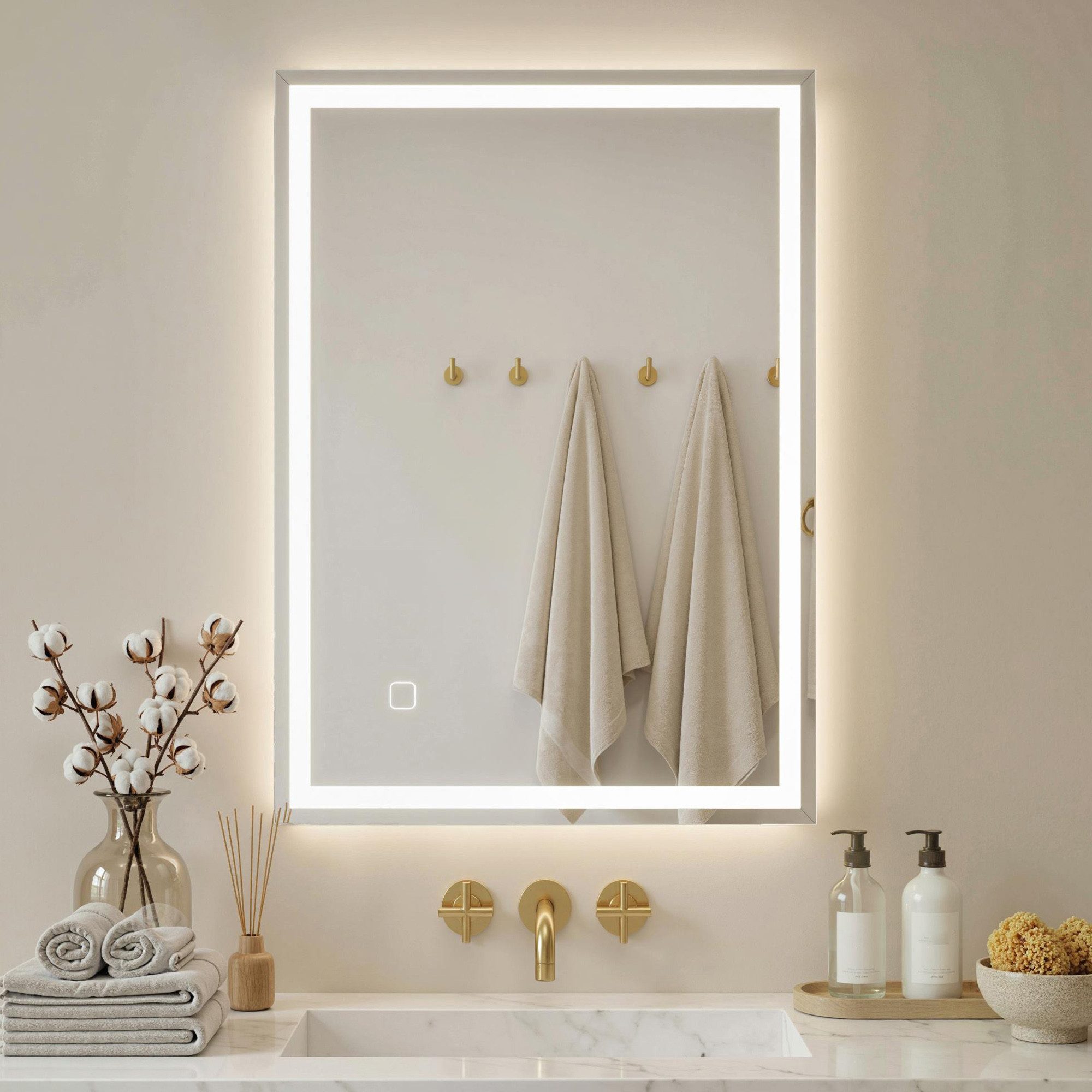 HOMCOM Badspiegel LED Spiegel Wasserdicht Lichtspiegel für Badezimmer weiß (Wandspiegel mit 3 Lichtfarben, 1-St., beschlagfreier Lichtspiegel mit Touchschalter), IP44, Silber