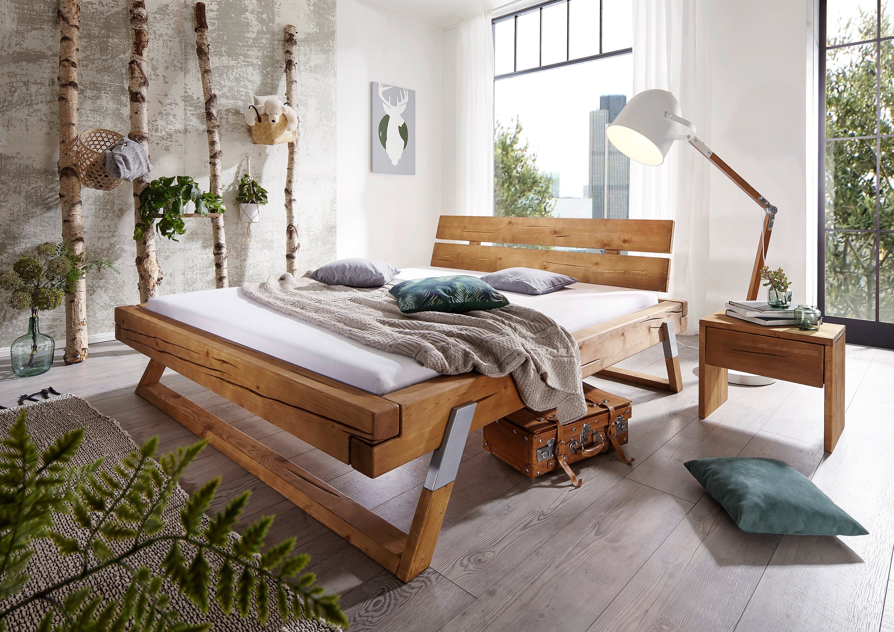 Woodroom Massivholzbett Narwa (Liegefläche 140 × 200 cm), Holzbett, Balkenbett, massive Kiefer eichefarbig honig gebeizt & geölt