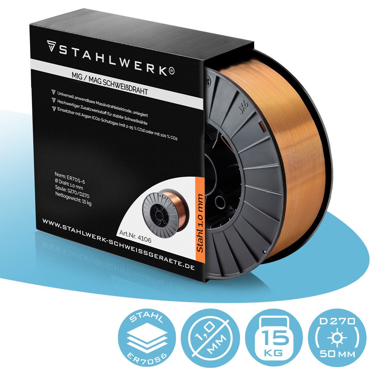STAHLWERK Schweißdraht 1,0 mm MIG MAG ER70S-6 SG2 auf D270 Drahtrolle 15kg, (Packung), chemische Zusammensetzung garantiert bessere Schweißergebnisse
