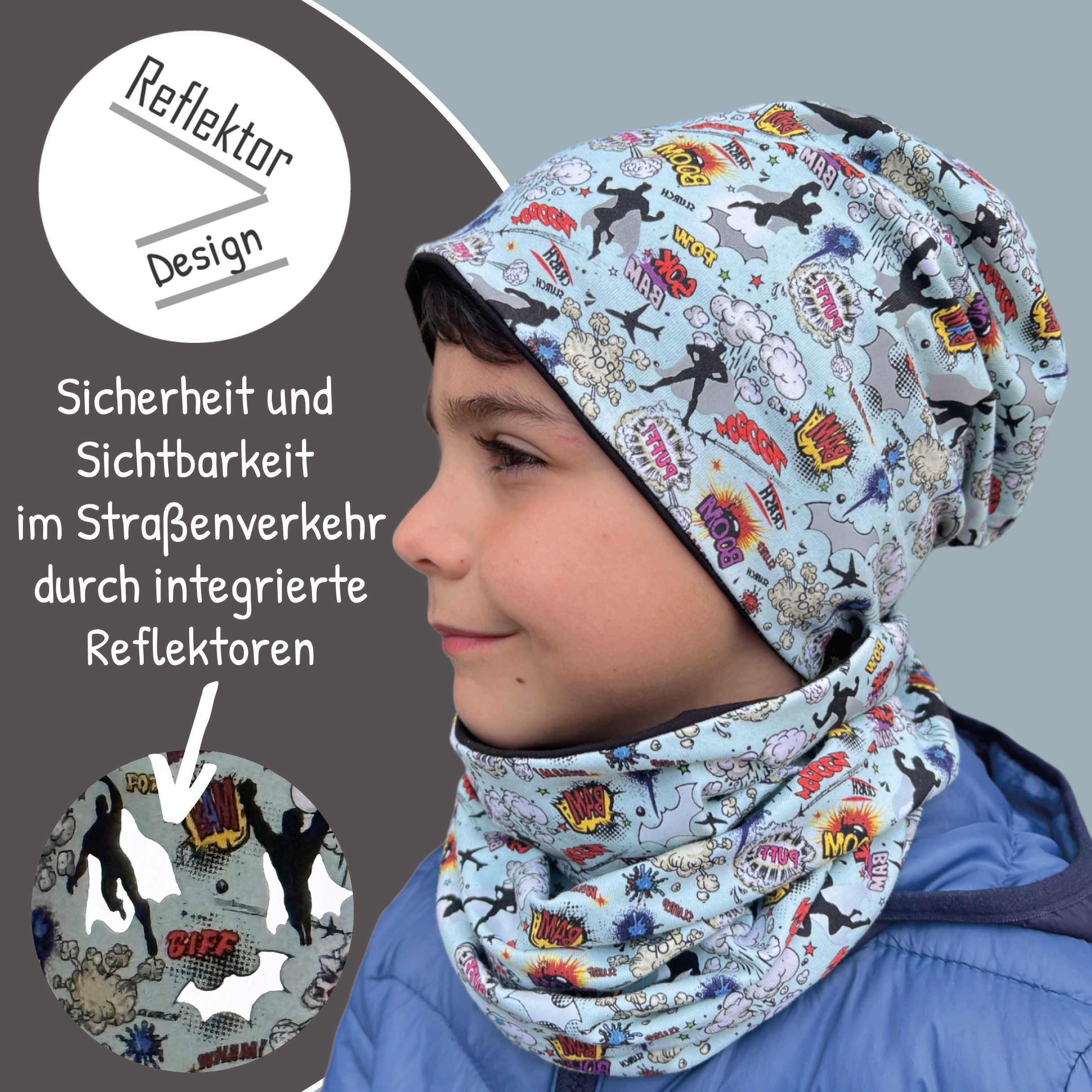 HECKBO Beanie 360° Reflektor Kinder Beanie Mütze & Loop Schal Set – Bild 3 von 5