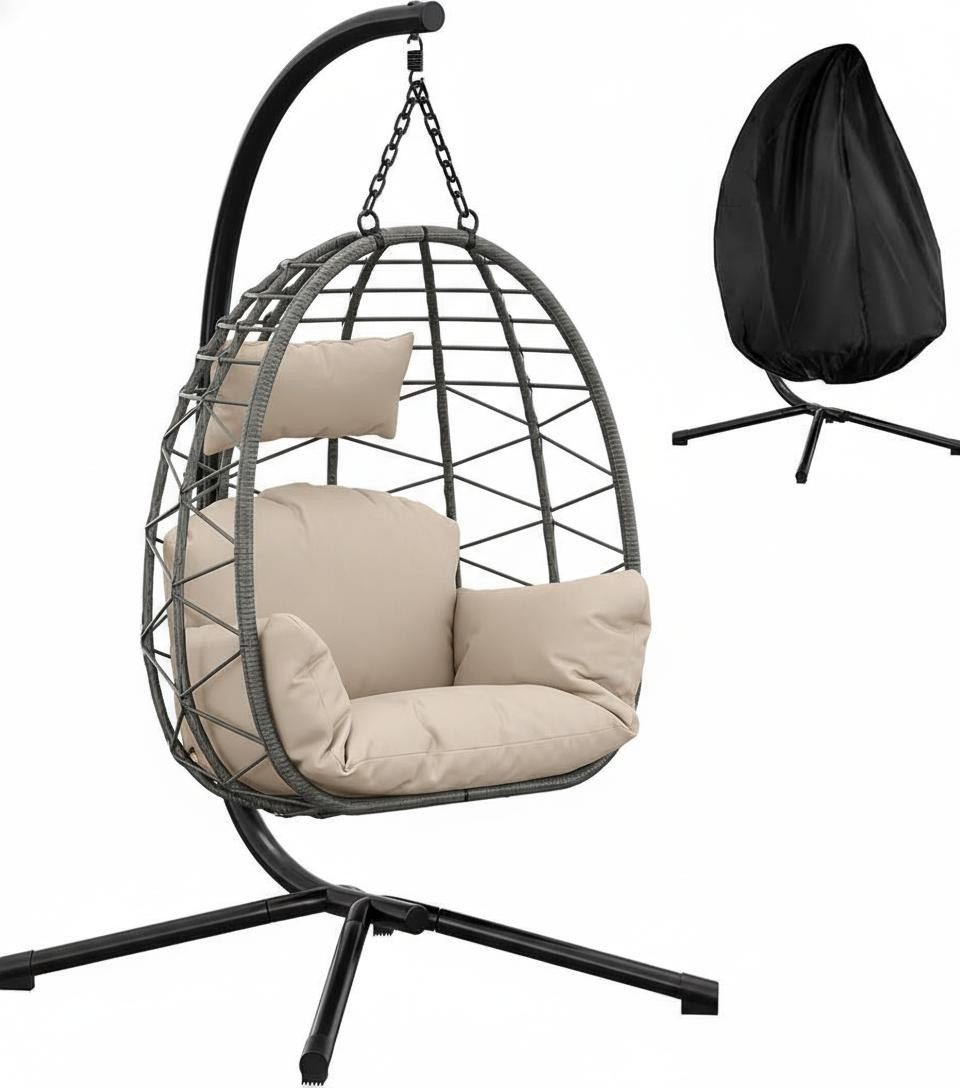 GarveeMore Hängesessel mit Gestell für Outdoor & Indoor,Polster & Schutzabdeckung, Rattan Hängestuhl mit Stahlgestell,bis 150 kg belastbar