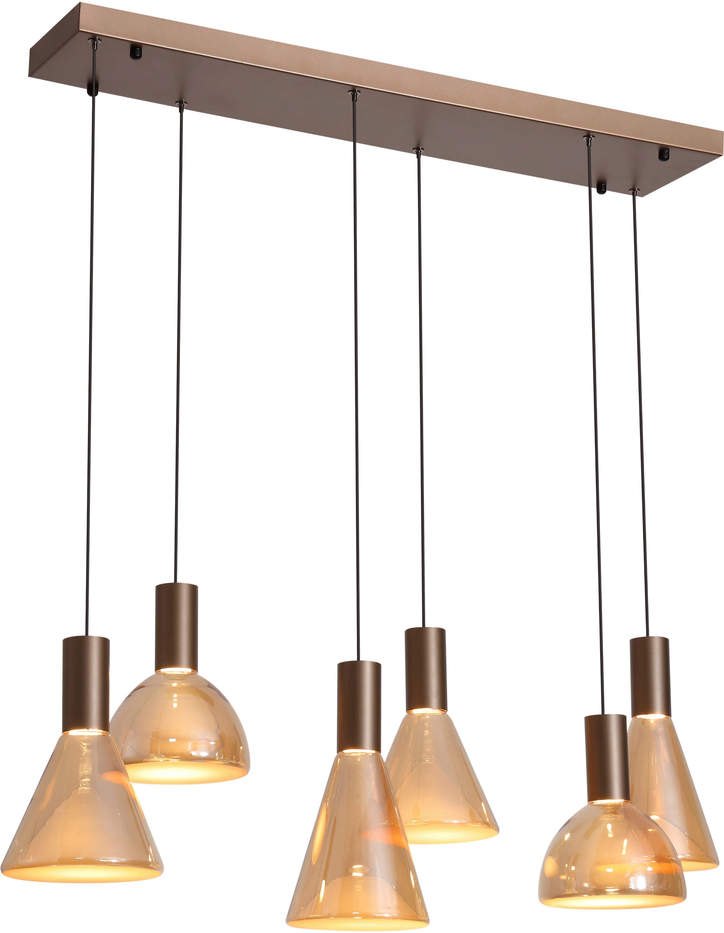 Searchlight LED Pendelleuchte Cannes LED 6Lt Pendel, Latte-Metall und Bernsteinglas, LED fest integriert