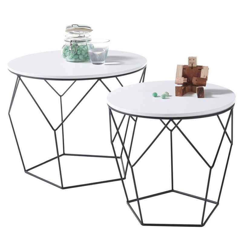 Raburg Couchtisch HAITI in SEIDEN-WEIß, 40 & 50 cm Ø, rund, Metall-Gestell in SCHWARZ (2er Set, bestehend aus 2 modernen Tischen), 36 & 40 cm hoch, minimalistisches Tisch-Set im Industrial-Design