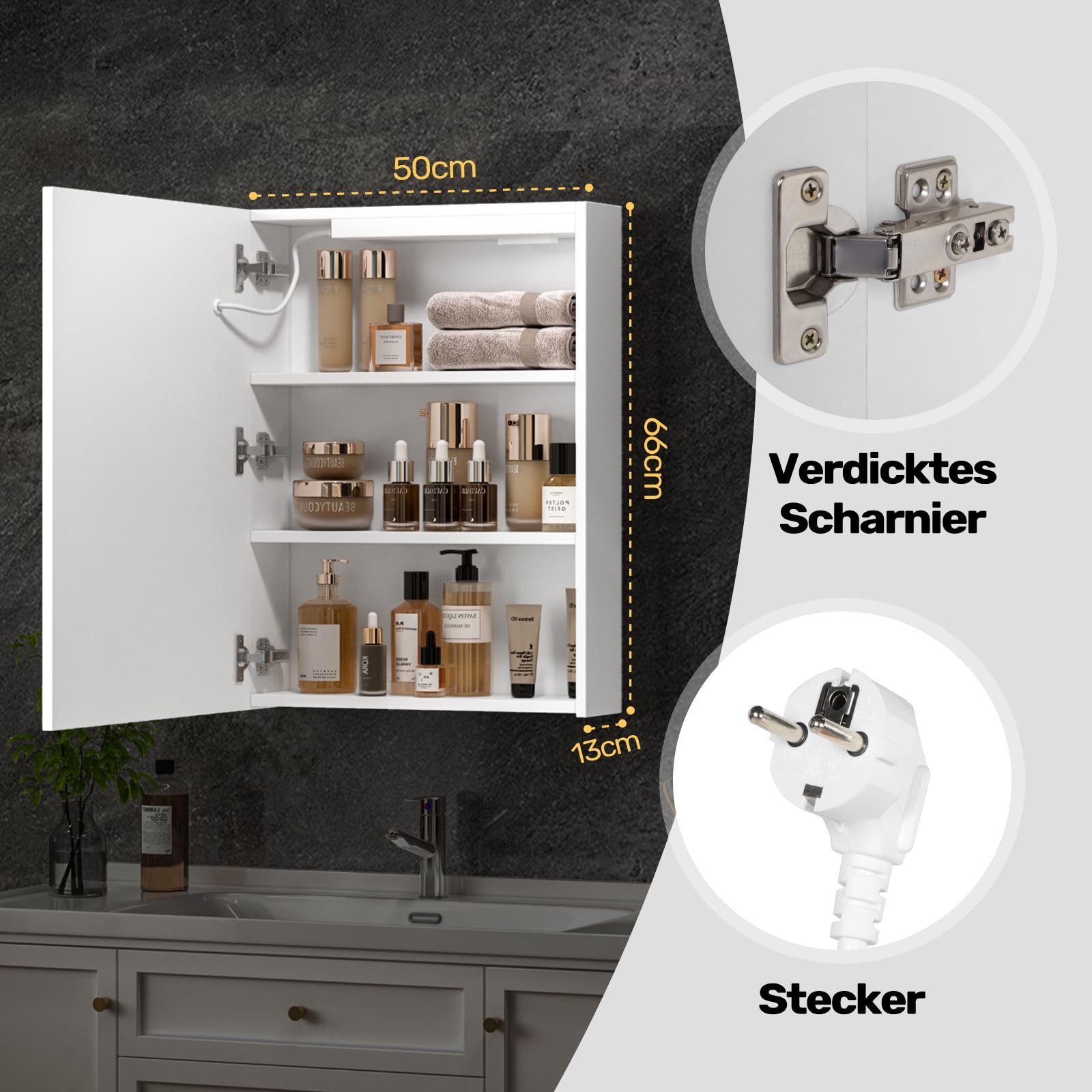 Luxstein Spiegelschrank Bad mit Beleuchtung und Steckdose, Verstellbares Regal, Entfogging-Funktion, Wandmontage – Bild 2 von 5