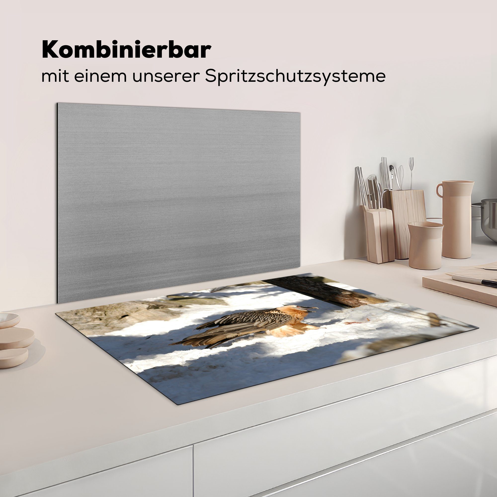 in Felslandschaft, Bartgeier verschneiten küche, MuchoWow einer Herdblende-/Abdeckplatte Schutz tlg), Vinyl, Ceranfeldabdeckung Induktionskochfeld cm, die 81x52 für (1