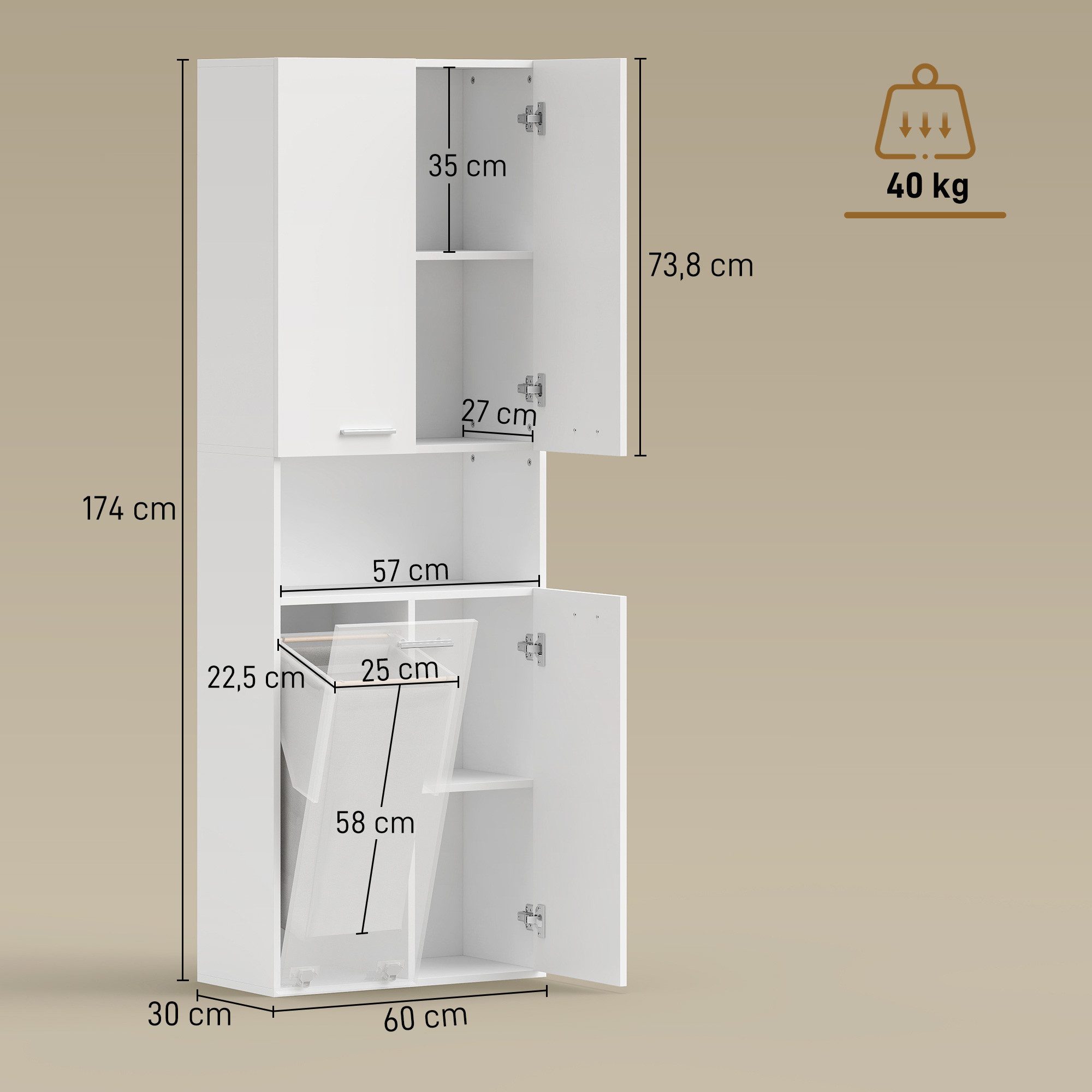 HOMCOM Badkommode Toilettenschrank mit Ausklappbarer Wäschekorb, offenes Fach (Badschrank, 1 St., Hochschrank), weißer Badezimmerschrank mit Soft-Close-Türen – Bild 3 von 5