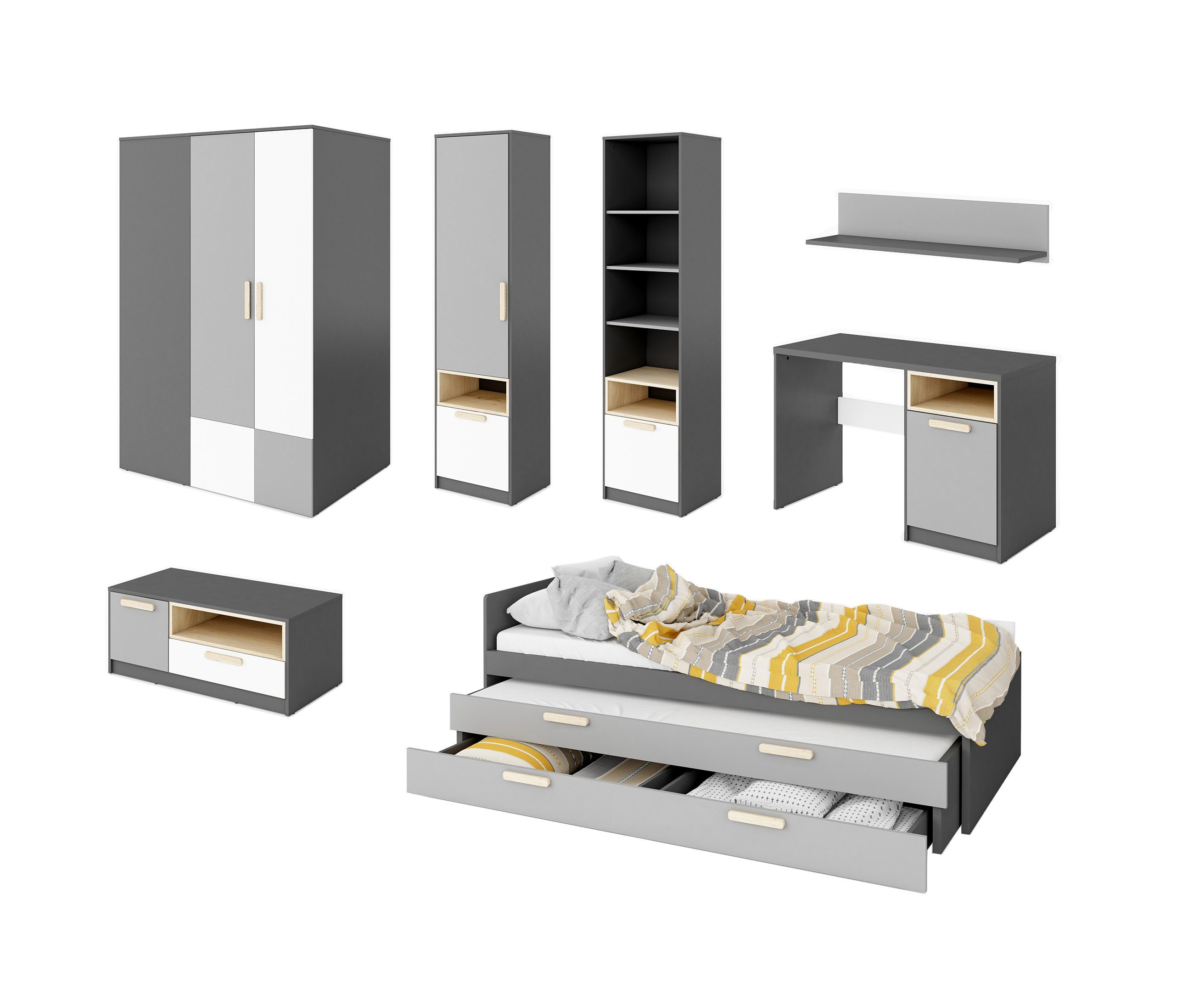Feldmann-Wohnen Jugendzimmer-Set Pok, (Pok, 7-tlg., 7-teiliges Möbelset für Kinder- und Jugendzimmer), 7-teilig graphit / grau / weiß / Buche Ibsen
