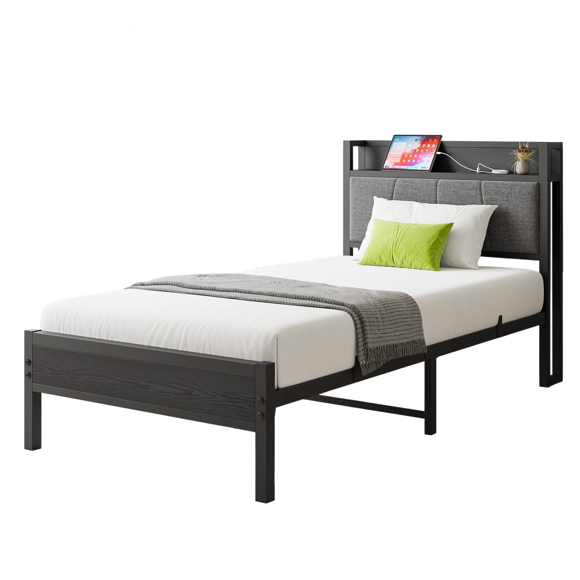 REDOM Metallbett Stauraum-Kopfteil (Einfach zu montieren, kostengünstige Wahl, Metallbett mit 1 Steckdosen, 2 USB-Ladeanschlüssen), 90x200cm,ohne Matratze