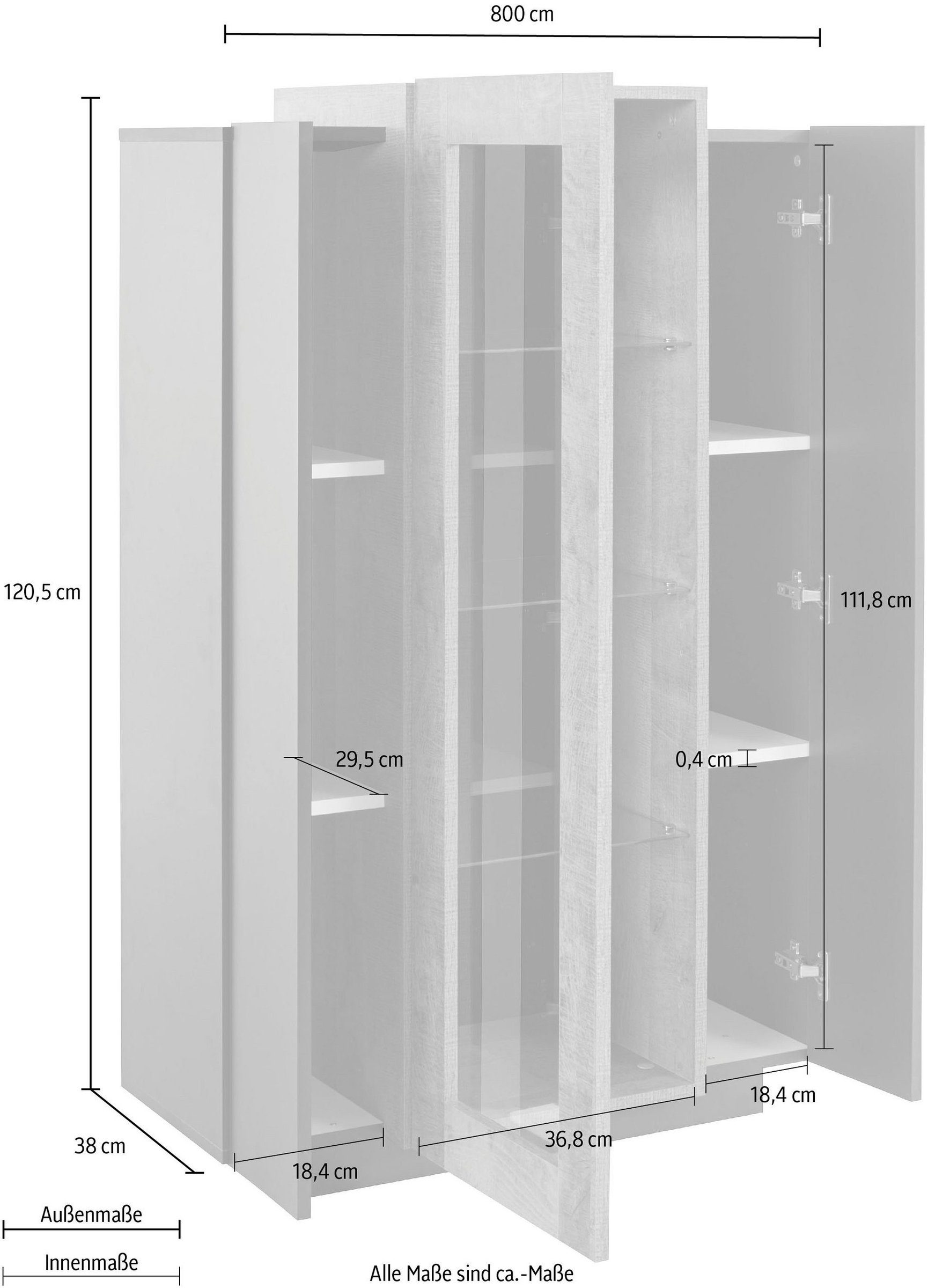 und cm) Türen Standvitrine Einlegeböden Corona mit 80x120,5x38 weiß/weiß in (BxHxT: 4 3 Hochglanz möbelando