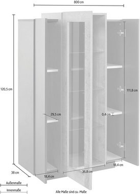 möbelando Standvitrine Corona (BxHxT: 80x120,5x38 cm) in weiß/weiß Hochglanz mit 3 Türen und 4 Einlegeböden