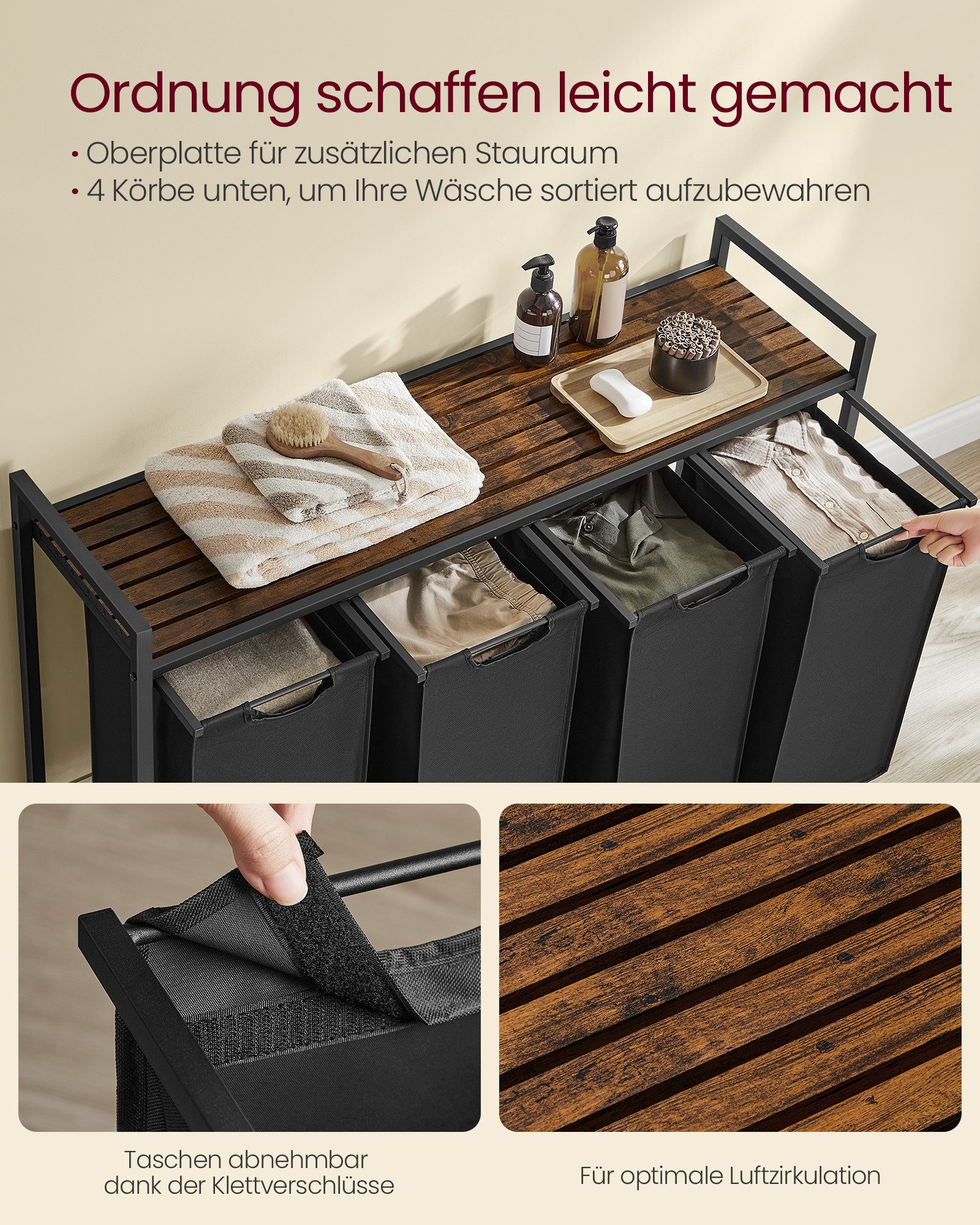 VASAGLE Wäschekorb, 4 Fächer, mit Ablage, ausziehbar abnehmbar, 4/5 x 40 L