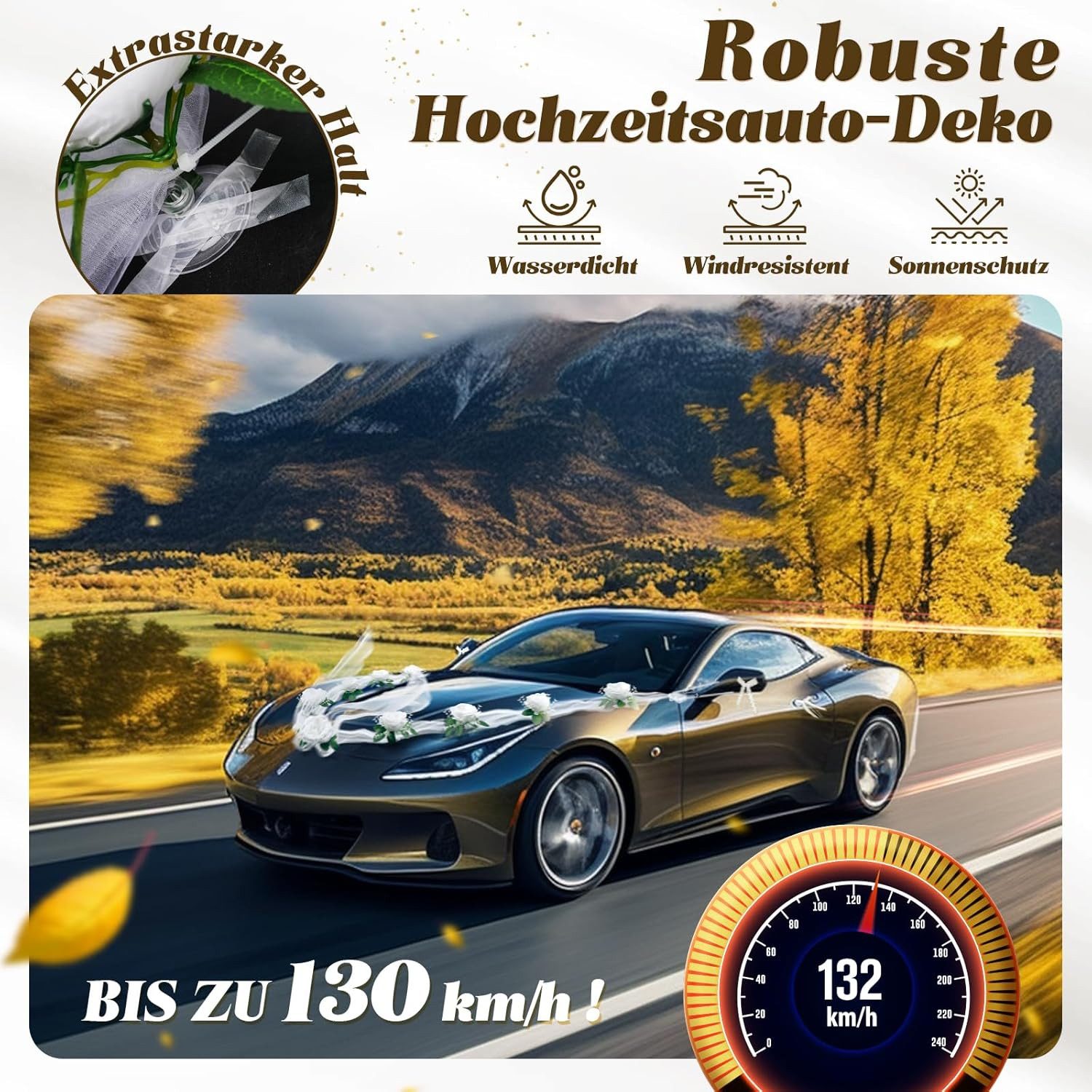 FELIXLEO Dekohänger Autoschmuck Hochzeit Deko Rose Motorhaube Blumenschmuck Weiß (1 St) – Bild 4 von 5