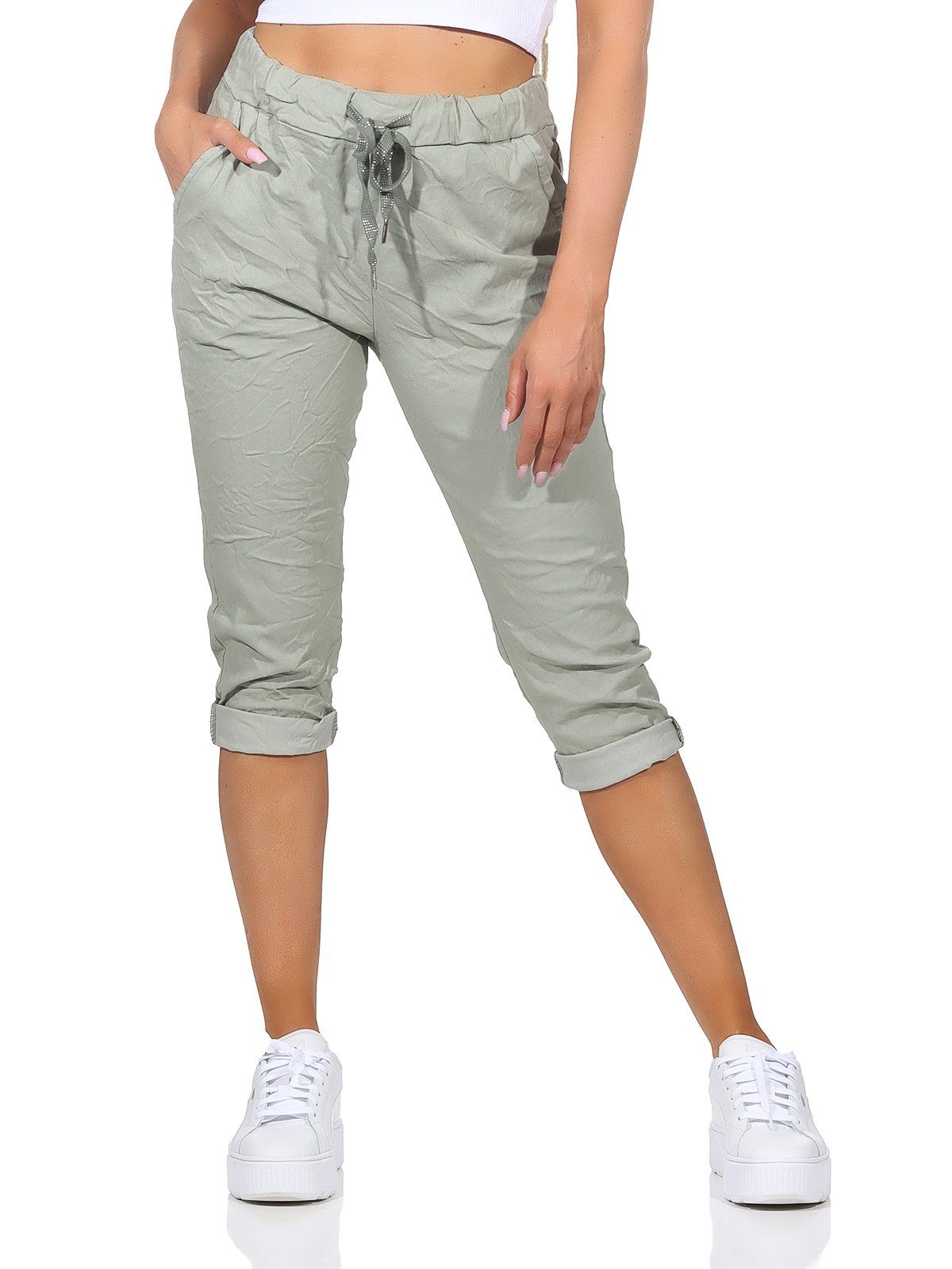 sommerlichen Kurze Khaki Damenmode Jeans in 36-44 Bermuda und Capri Farben, 7/8-Hose Taschen Sommerhose Hose Kordelzug, Aurela Damen