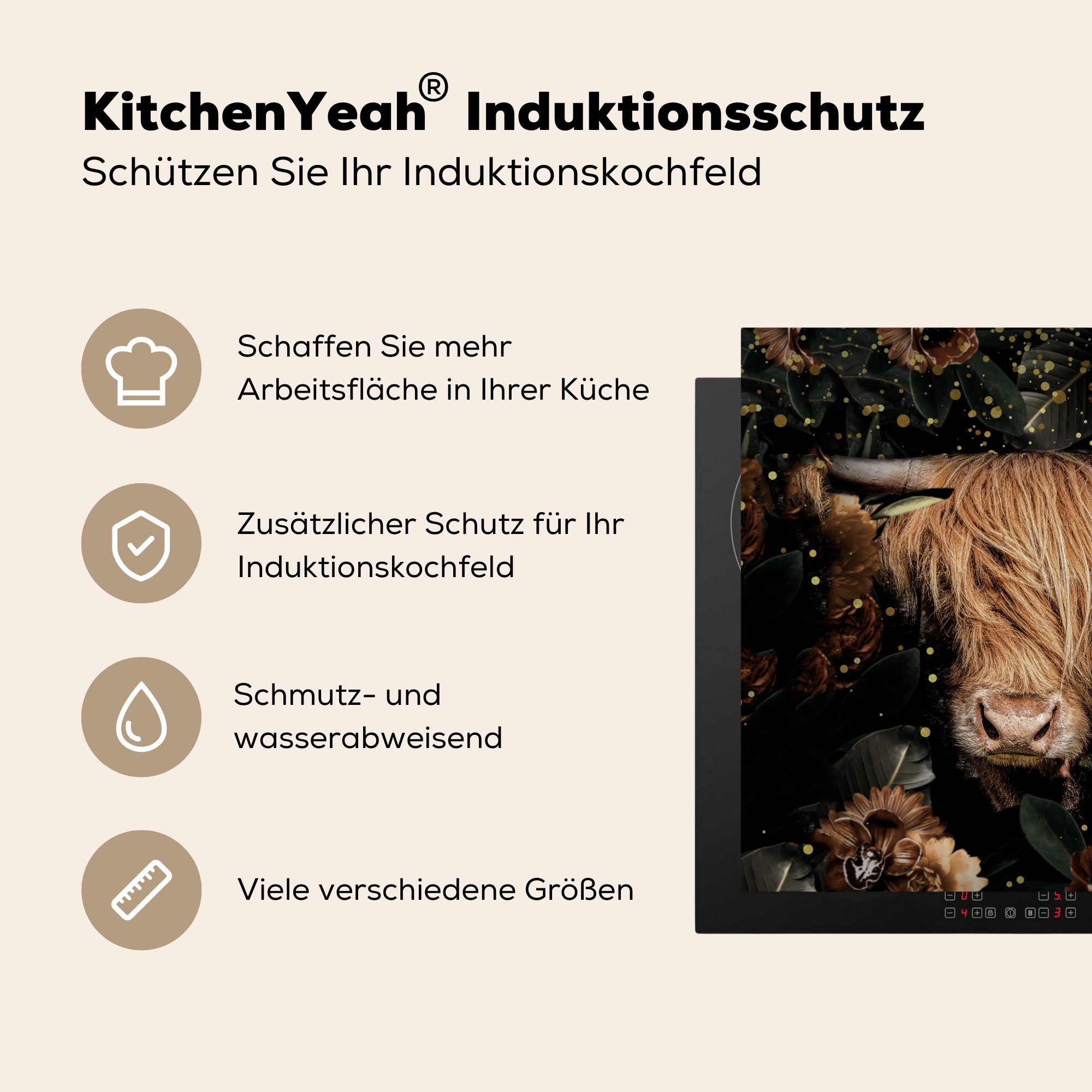 MuchoWow Herdblende-/Abdeckplatte für Schottischer (1 Arbeitsplatte Ceranfeldabdeckung, cm, Blumen - Highlander Vinyl, - - Tiere Licht, küche 78x78 tlg)