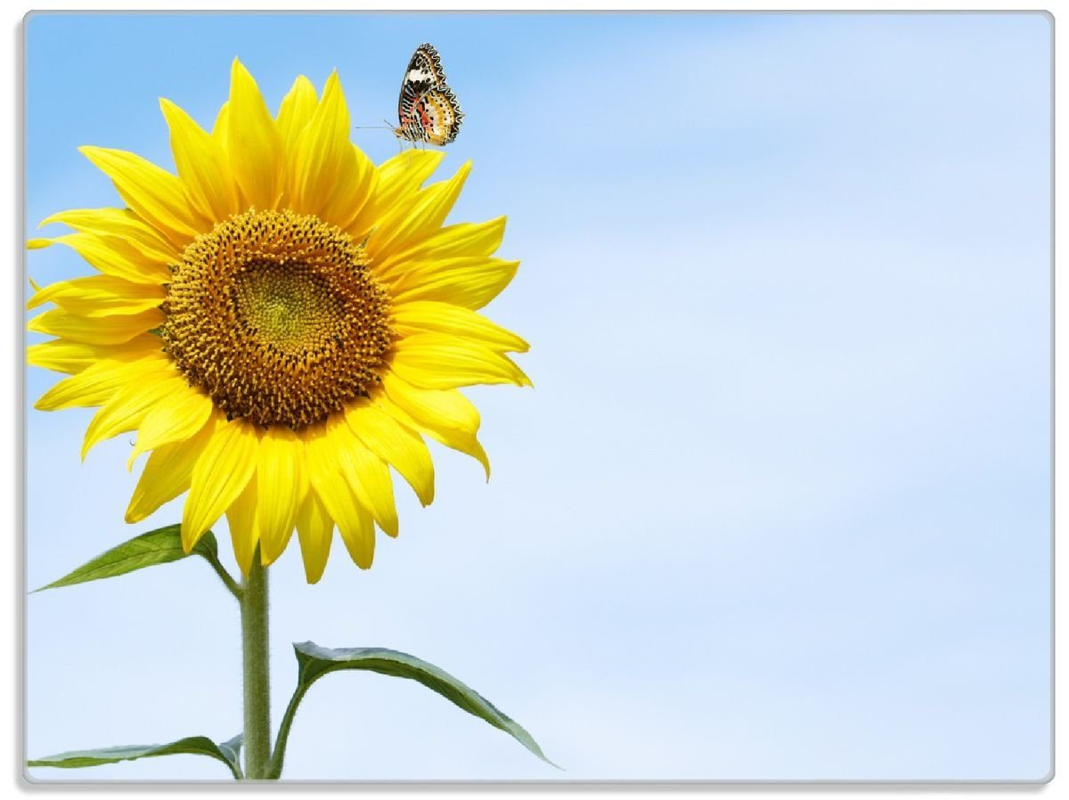 Wallario Schneidebrett Sonnenblume mit Schmetterling, ESG-Sicherheitsglas, (inkl. rutschfester Gummifüße 4mm, 1-St), 30x40cm