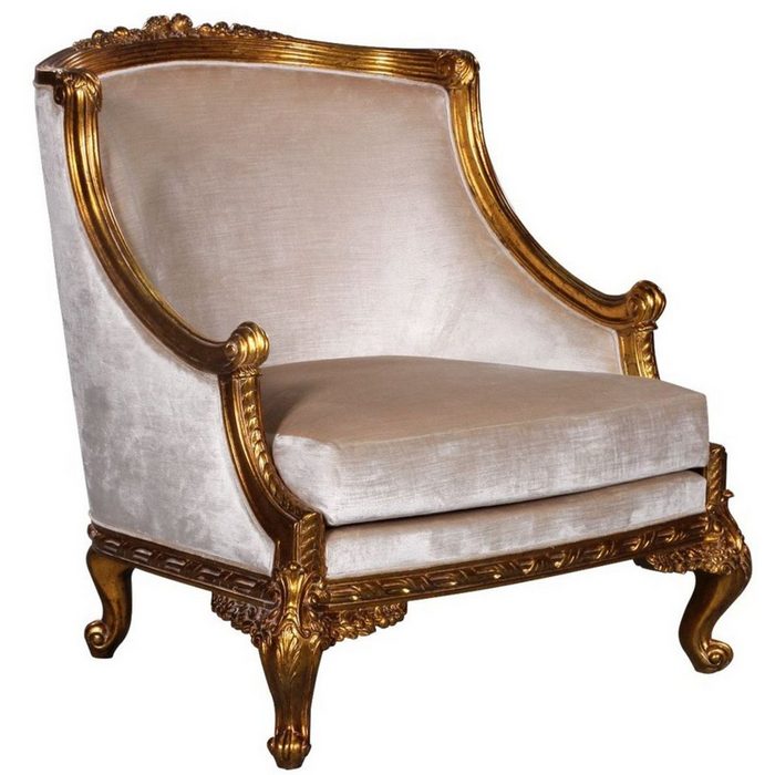 Casa Padrino Sessel Luxus Barock Sessel Silber / Gold - Prunkvoller Wohnzimmer Sessel im Barockstil - Barock Wohnzimmer Möbel - Edel & Prunkvoll