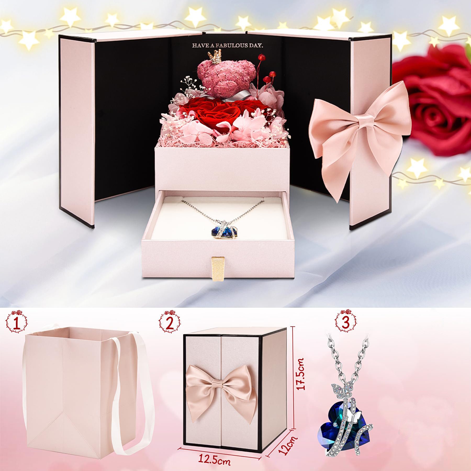 Bextsrack Schmuckset Ewige Rose mit Herz-Halskette – Konservierte Rose in Geschenkbox (1-tlg), Schmuckgeschenk für Sie – ideal zu Weihnachten & Valentinstag