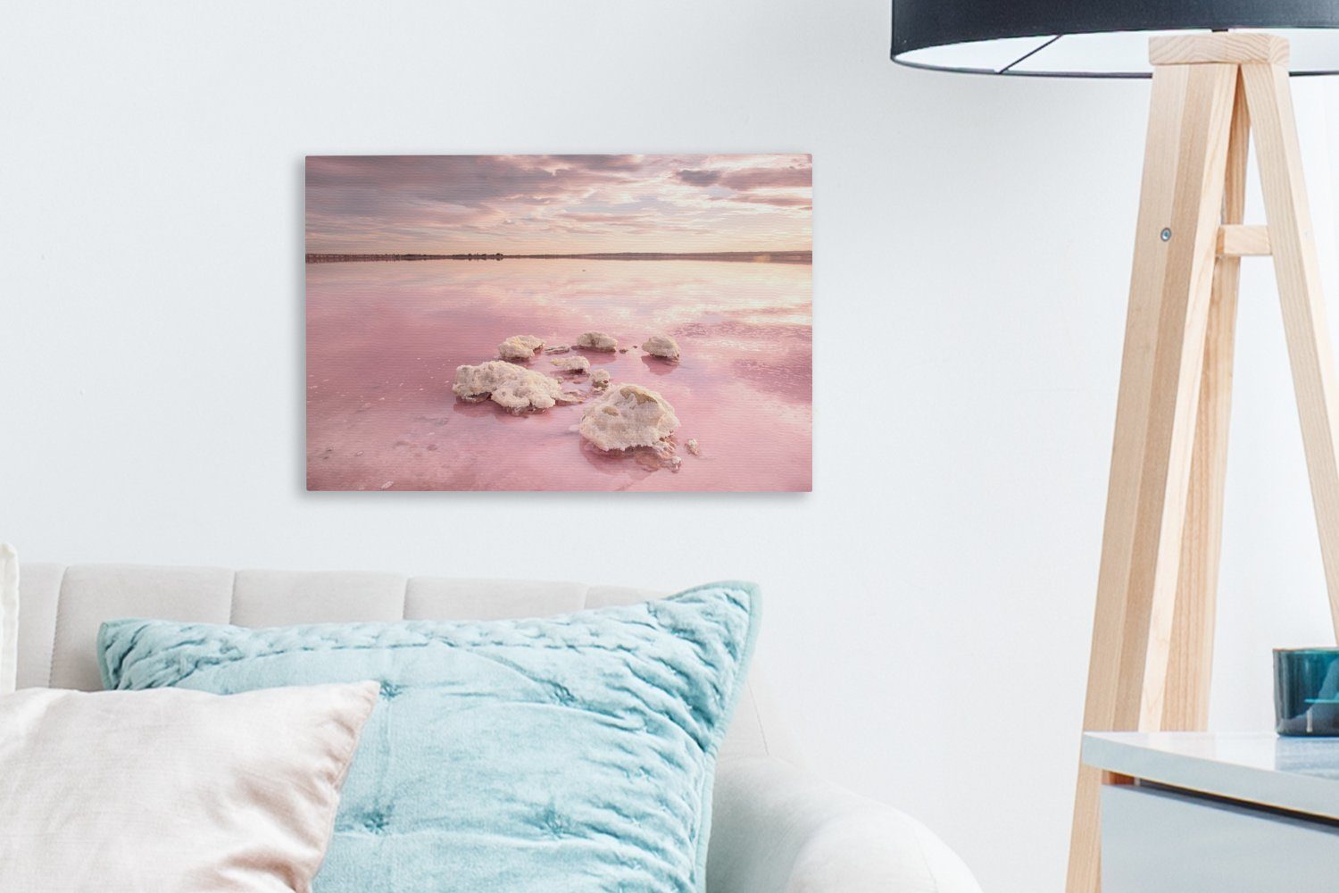 OneMillionCanvasses® Leinwandbild Rosa Salzsee in Aufhängefertig, Wandbild cm Wanddeko, St), (1 Spanien Sonnenuntergang, bei 30x20 Leinwandbilder