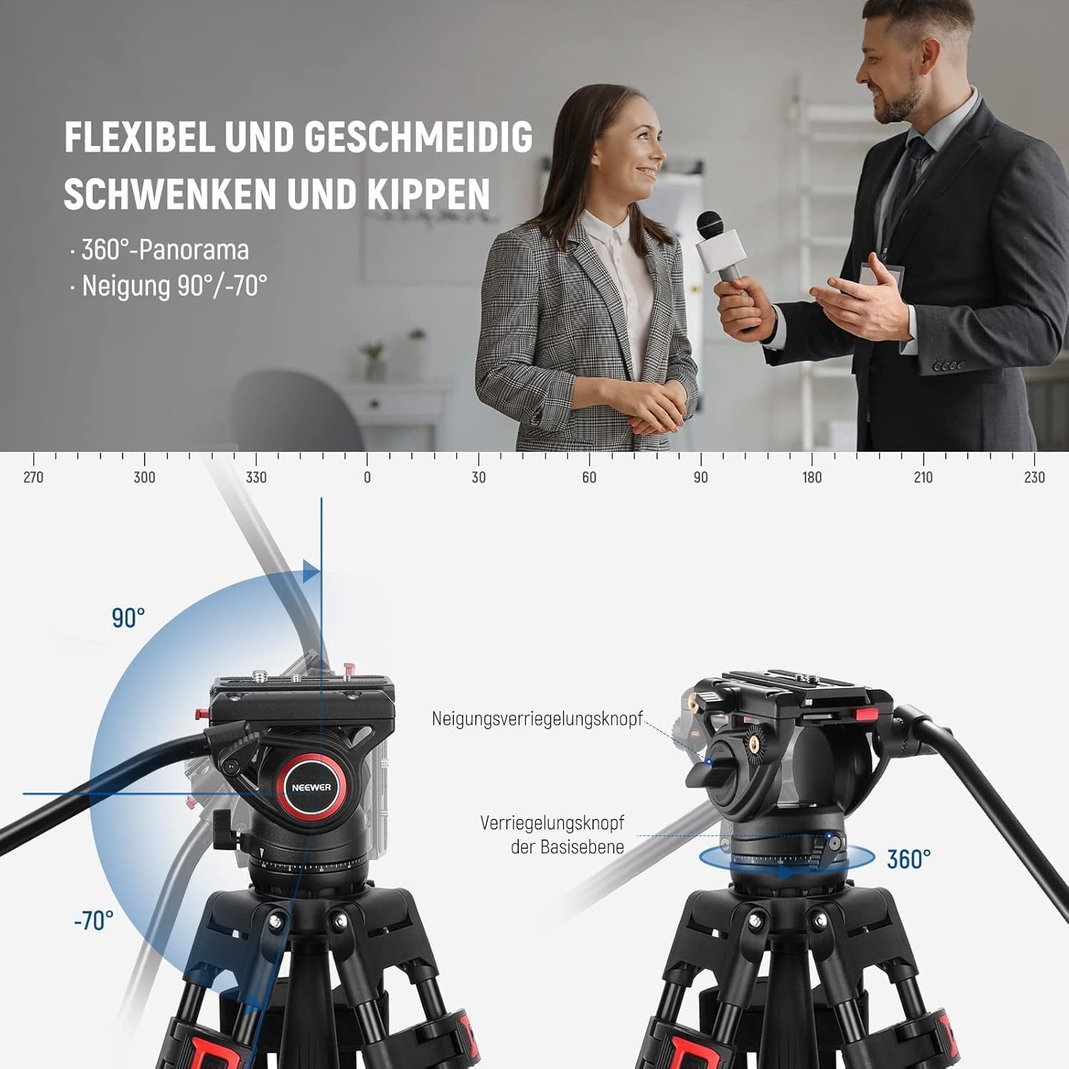 Neewer TP74 Videostativ mit Fluidkopf, QR Platte kompatibel mit DJI RS Dreibeinstativ (Höhenverstellbar 86-187 cm, skalierte Basis, für DSLR Kameras)