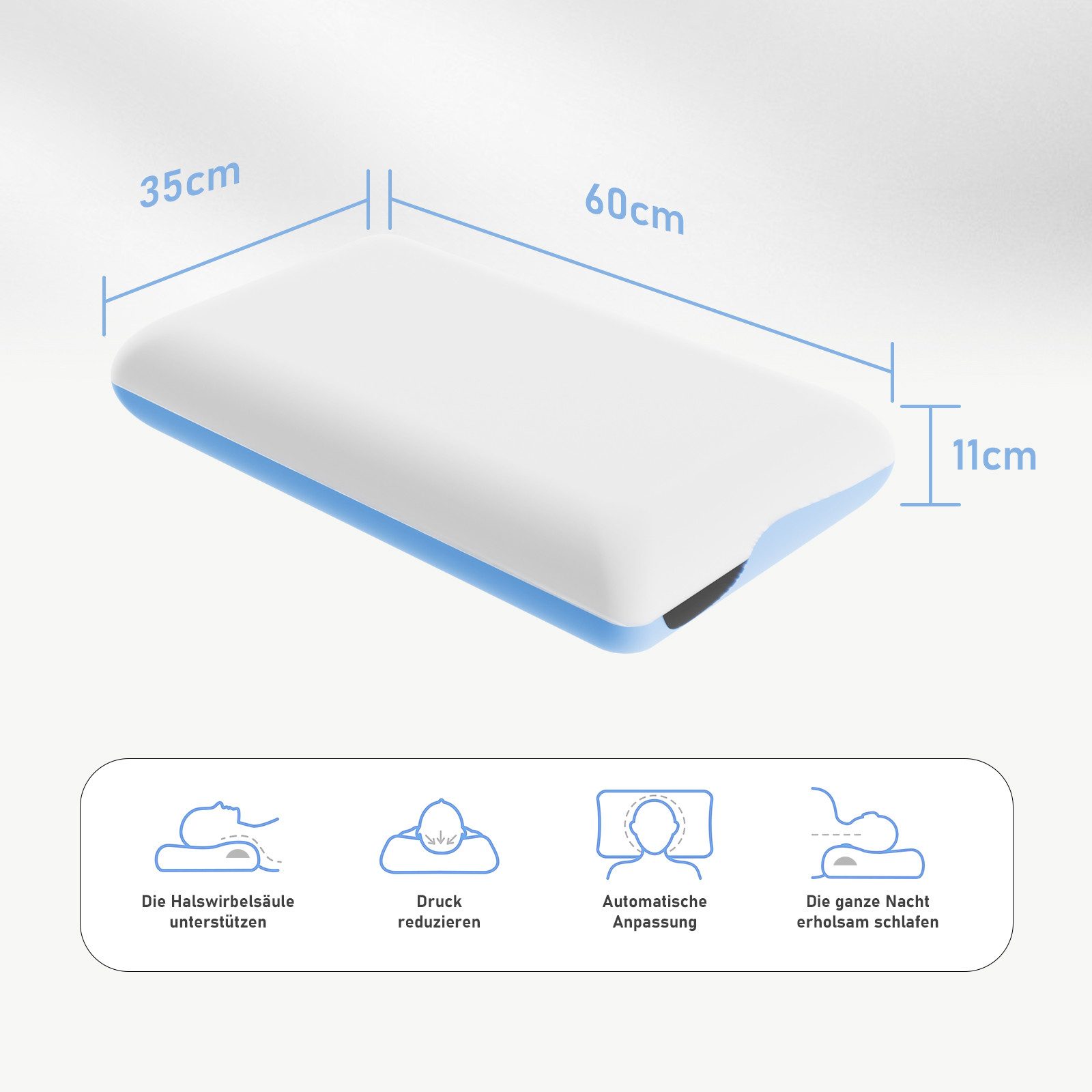 ROYGBIV Nackenstützkissen Orthopädisches Ergonomisches Memory-Schaum kopfkissen 60×35×11 cm, Füllung: 48D-Memory-Schaum, 60D-Stutzstabe und 38D-Memory-Schaum, Rückenschläfer, Seitenschläfer, Bauchschläfer, 1-tlg, für Allergiker geeignet