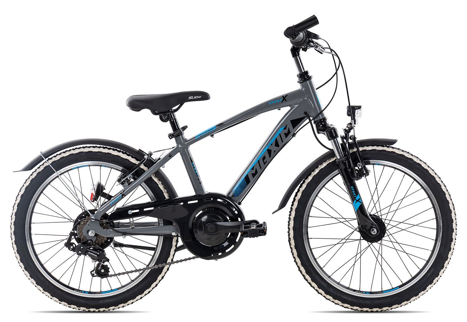 Maxim Kinderfahrrad Sporty 7 20, 7 Gang Shimano RD-FT35 Schaltwerk, Kettenschaltung, Kinderrad 20 Zoll Junge Mädchen schwarz/grau