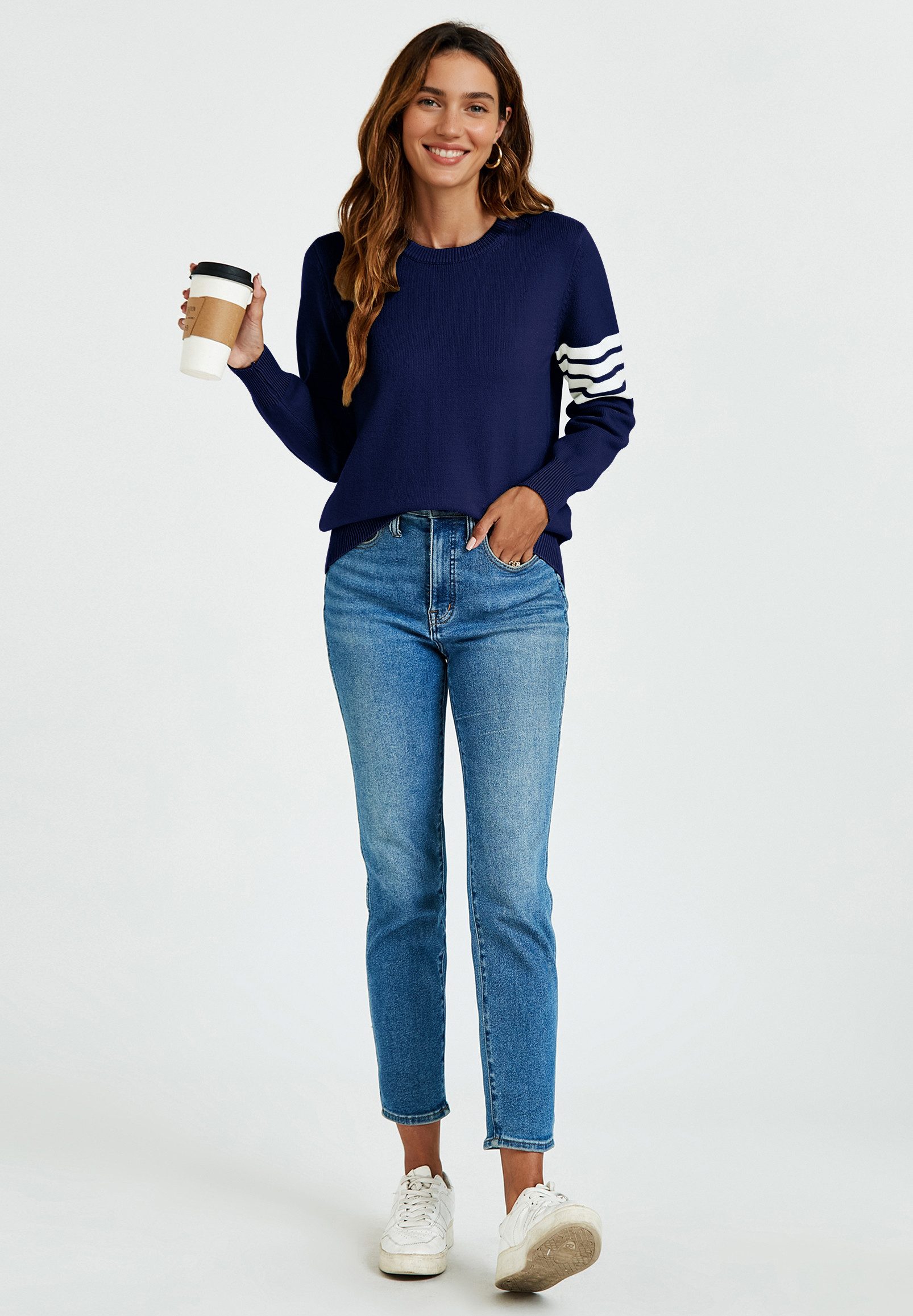 FS Collection Strickpullover Damen Pullover aus Wollmischung mit Streifenmuster, Relaxed Fit (UK 8/ EU 36/ US 4, 3 Farben : Olivegrün, Schwarz und Navy) 56 % Viskose, 26 % Polyester, 18 % Wolle