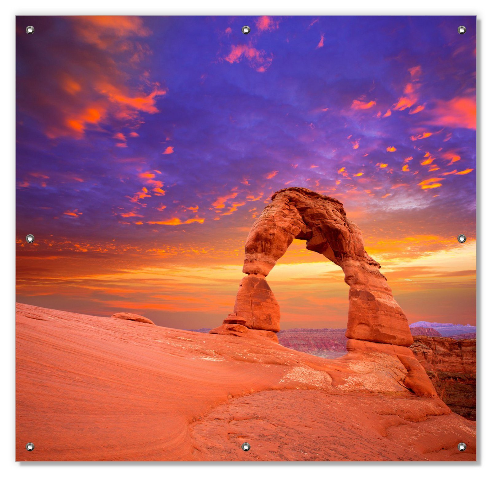 Sonnenschutz Steinbogen vor einem farbenfrohen Himmel in lila-rot, Wallario, blickdicht, mit Saugnäpfen, wiederablösbar und wiederverwendbar