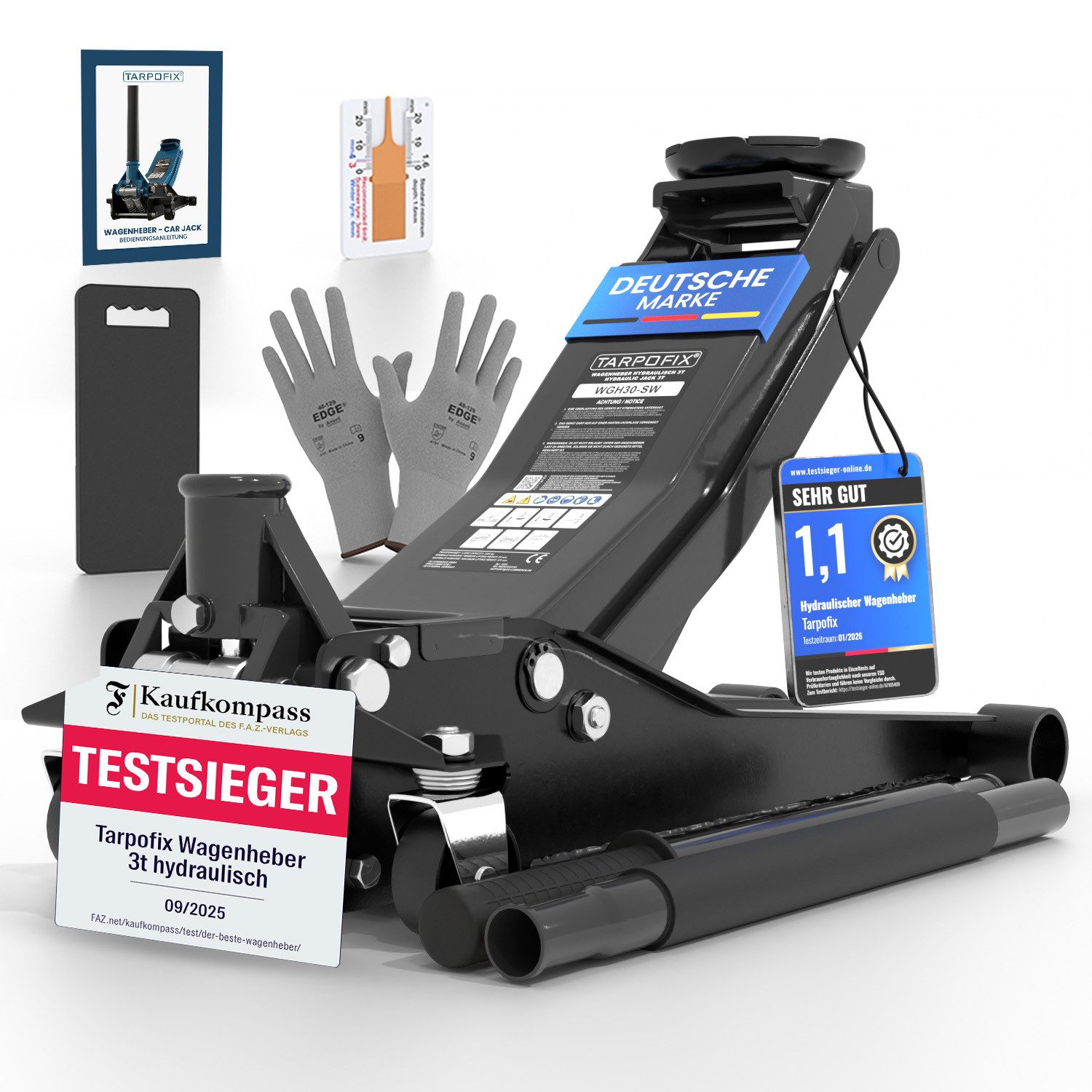 Tarpofix® Wagenheber Tarpofix® Hydraulischer Wagenheber 3t mit Doppelzylinder, max. Hubhöhe: 47.5 cm, Robuster Hydraulikheber mit 85 - 475 mm Hubhöhe