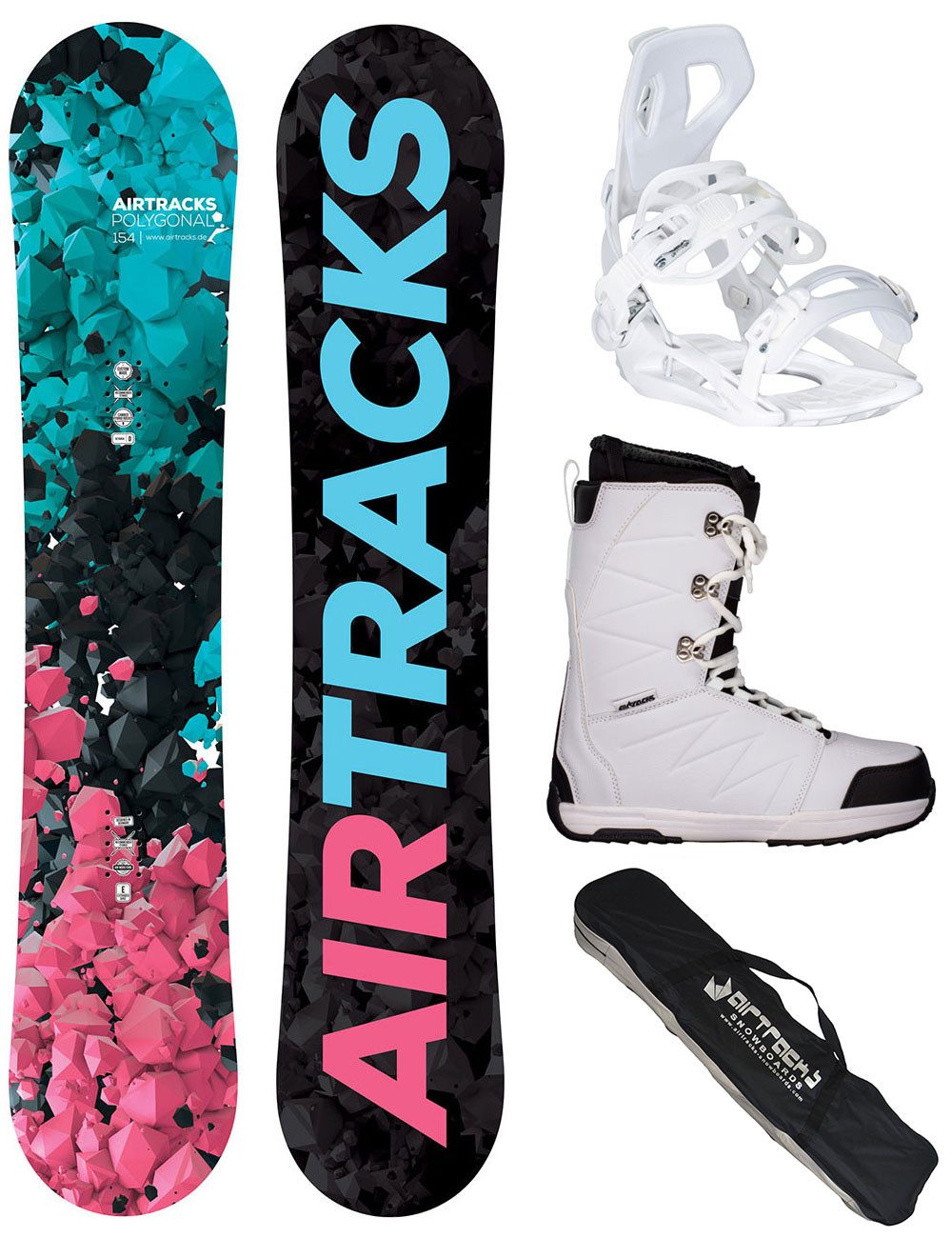 Airtracks Snowboard Damen Snowboard Polygonal Rocker »Mod. 26/27 (Set, 4 St., 4er-Pack), Snowboard + Bindung Master W + Boots + Bag / 138 144 148 154 cm