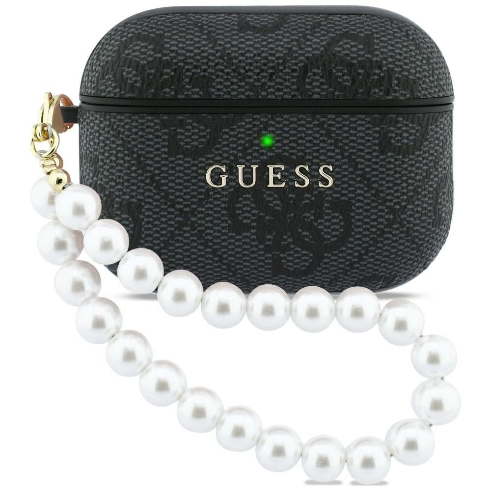 Guess Kopfhörer-Schutzhülle Case AirPods Pro 3 Kunstleder grau Logo goldfarben mit Kette, Kantenschutz
