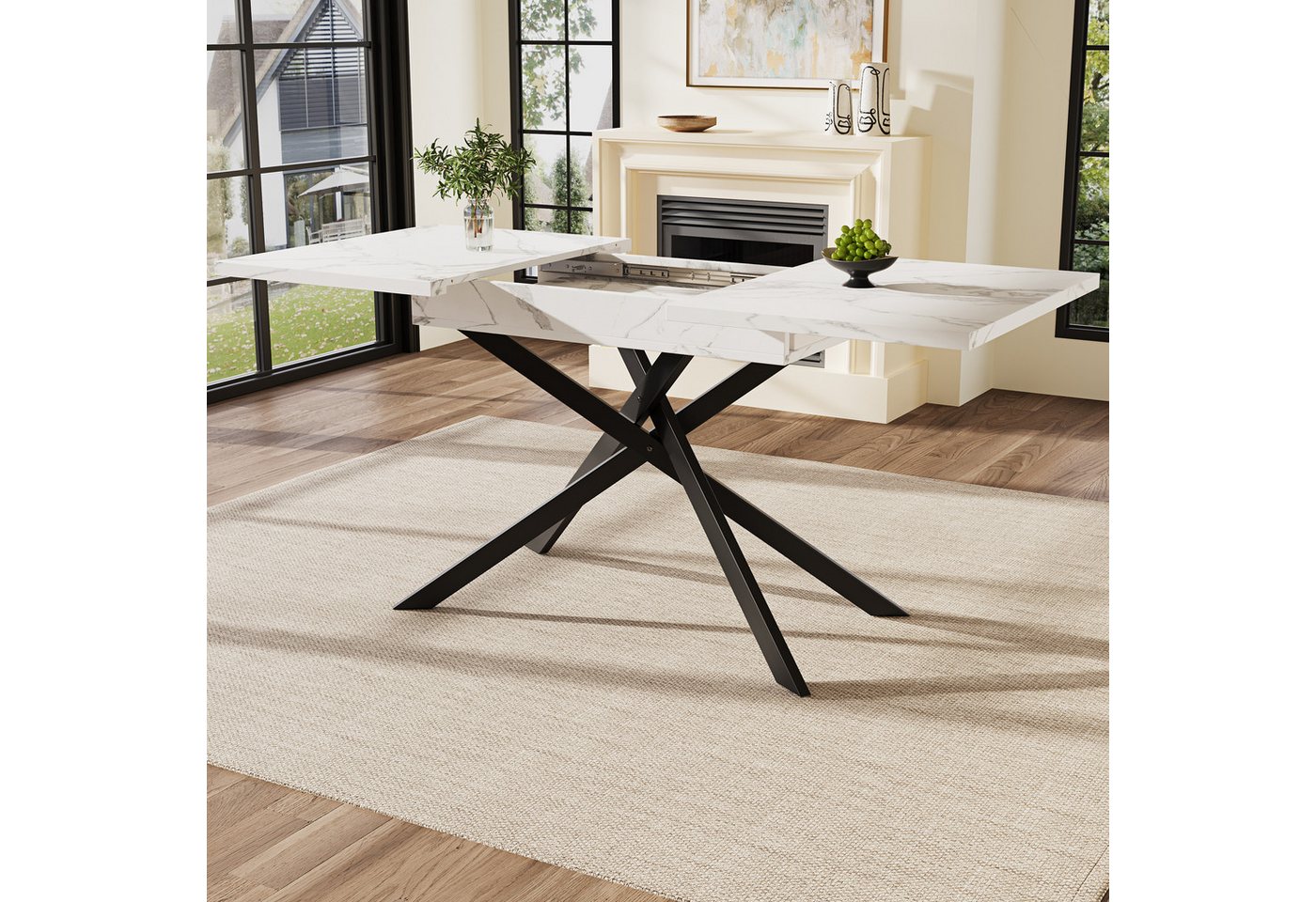 OKWISH Esstisch Moderne Esstisch Teleskoptisch (Ausziehbarer Esstisch 120-160 cm – Moderner Küchentisch mit marmorierter Tischplatte & schwarzen Eisenbeinen, platzsparend, ideal für Wohnzimmer und Küche, perfekt für kleine bis mittelgroße Haushalte, 1-St)