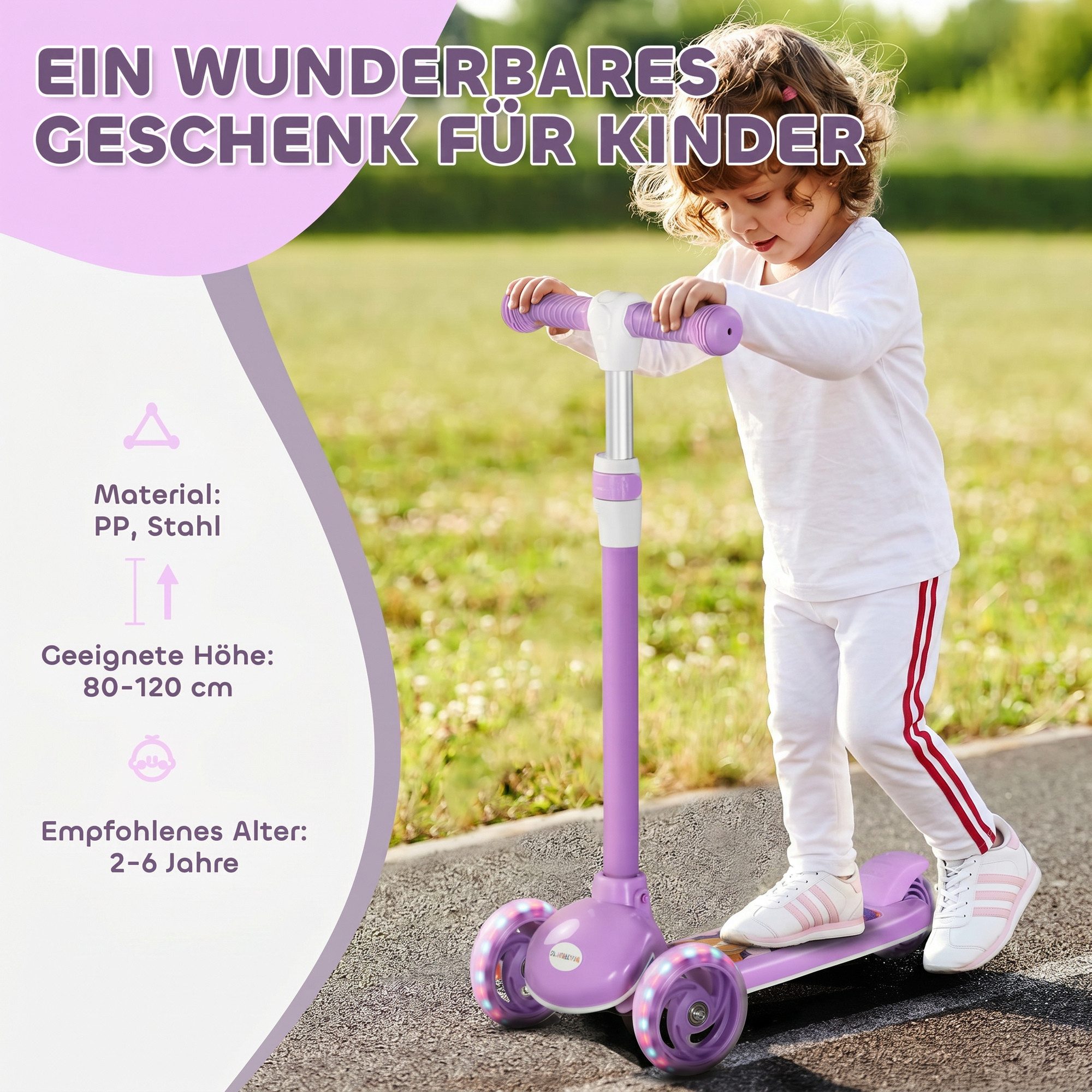 AIYAPLAY Scooter Roller Kinder Scooter mit LED Rädern 120 mm Rollen, 0 km/h, (klappbarer Kinderroller, 1 tlg., Höhenverstellbarer Tretroller), für Kinder 2-6 Ja – Bild 4 von 5