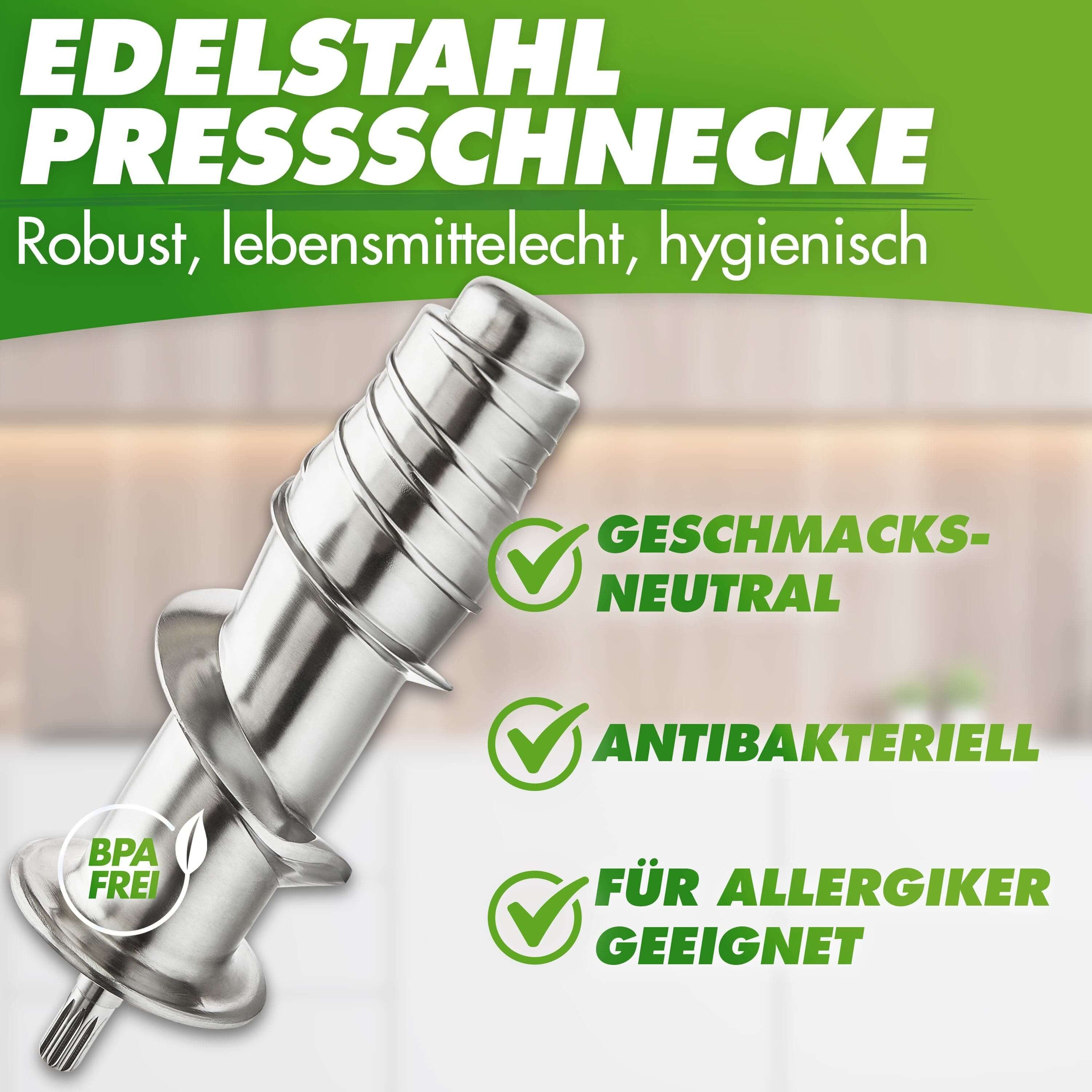 Nutrilovers Slow Juicer GREEN-PRESS MAX EDELSTAHL Entsafter Slow Juicer mit Edelstahl-Schnecke, 200 W, Premium Slow Juicer mit massiver Edelstahl-Pressschnecke – Bild 4 von 5