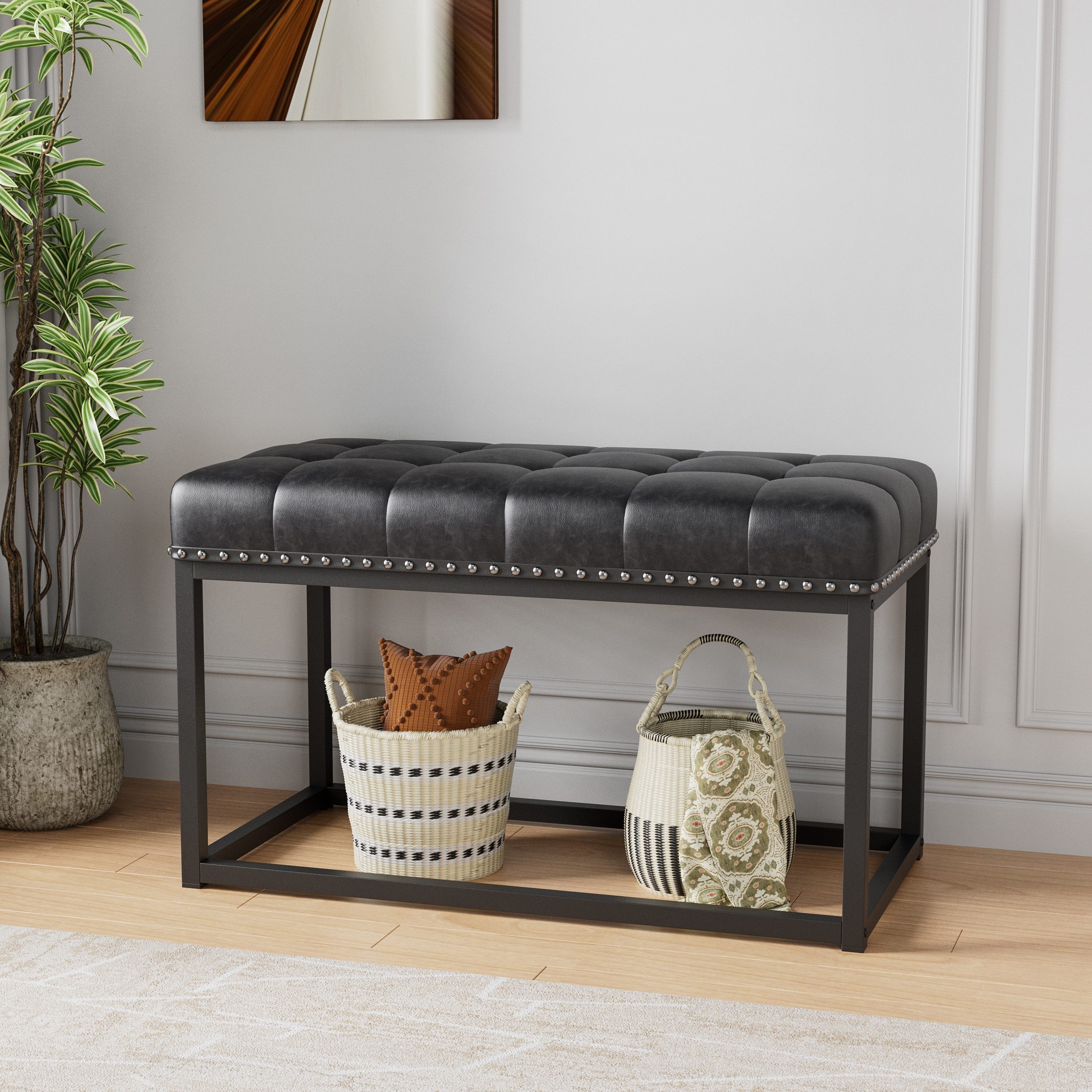 MODFU Polsterbank Gepolsterte Bank 91 cm, Industrieller Metallrahmen, Knopfheftung (schwarzes Kunstleder, 1-St., stabiler Sitz für Flur, Schlafzimmer & Wohnzimmer), Vintage, Vielseitig als Essbank, Fußbank oder Ablage am Bettende